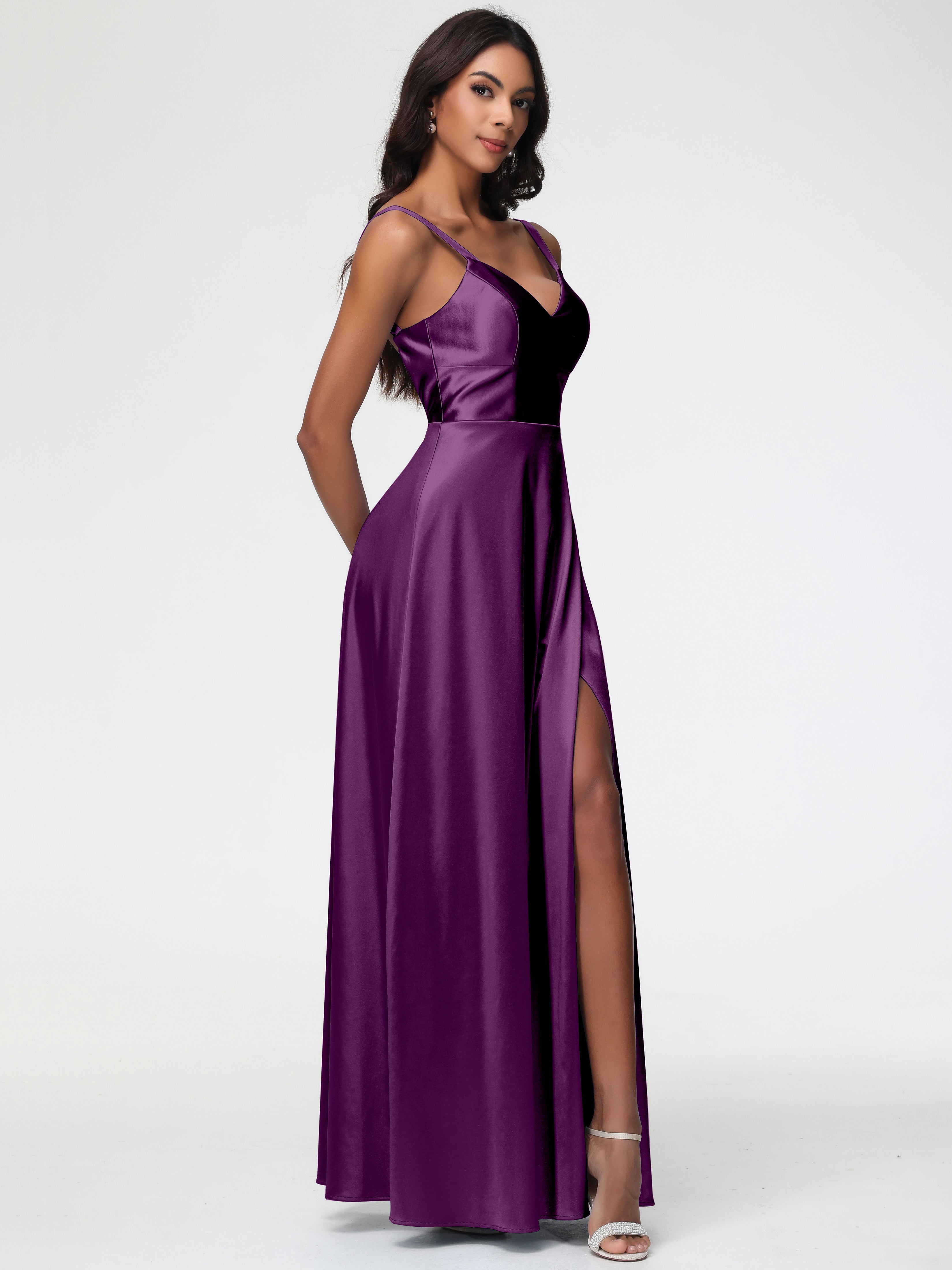 Robes De Demoiselle D'Honneur En Raisin Col V Satin Extensible Robe Trapèze Demoiselle D'Honneur