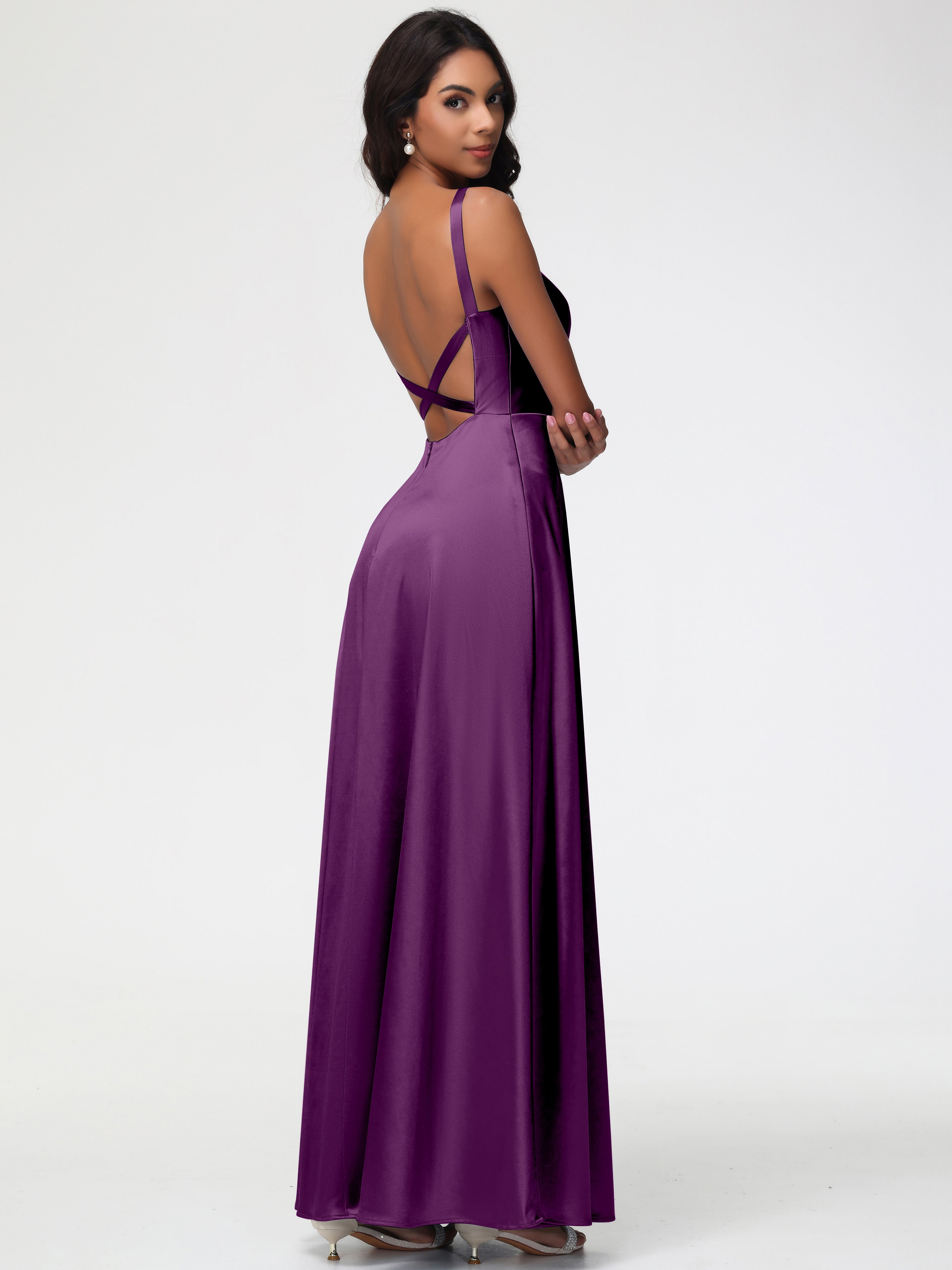 Robes De Demoiselle D'Honneur En Raisin Col V Satin Extensible Robe Trapèze Demoiselle D'Honneur