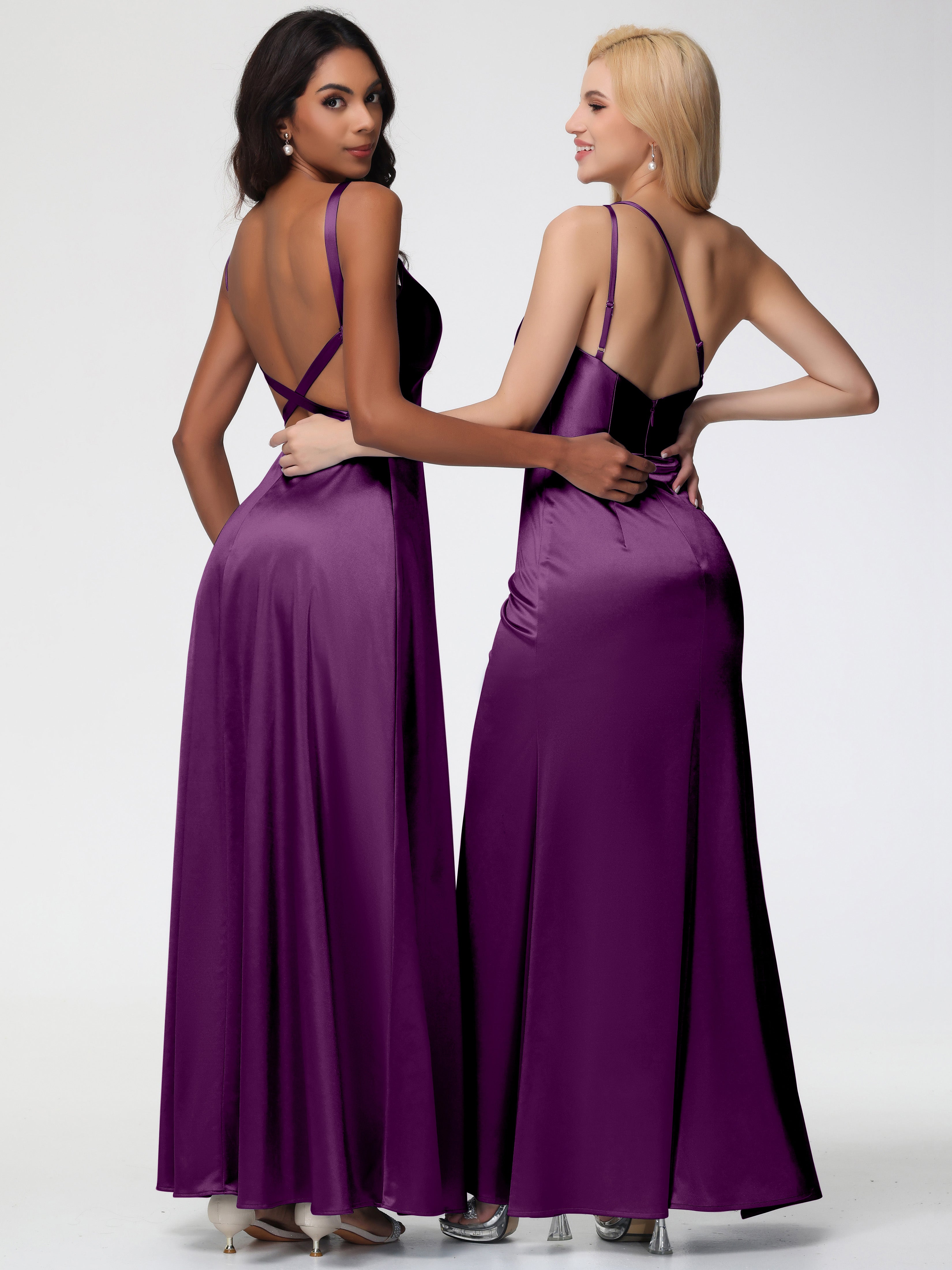 Robes De Demoiselle D'Honneur En Raisin Col V Satin Extensible Robe Trapèze Demoiselle D'Honneur