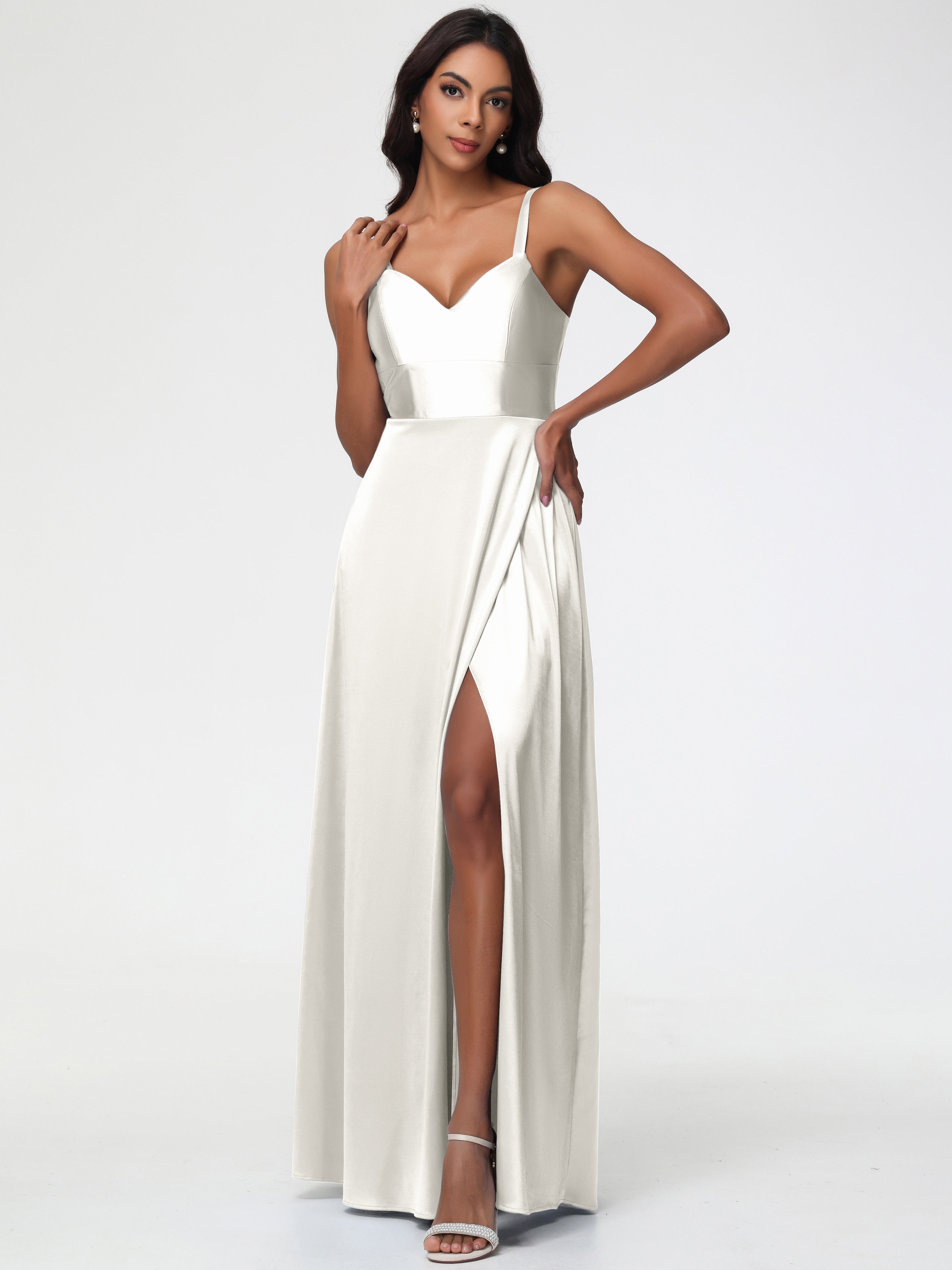 Robe De Demoiselle D Honneur Ivoire Col V Satin Extensible Robe Trapèze Demoiselle D'Honneur