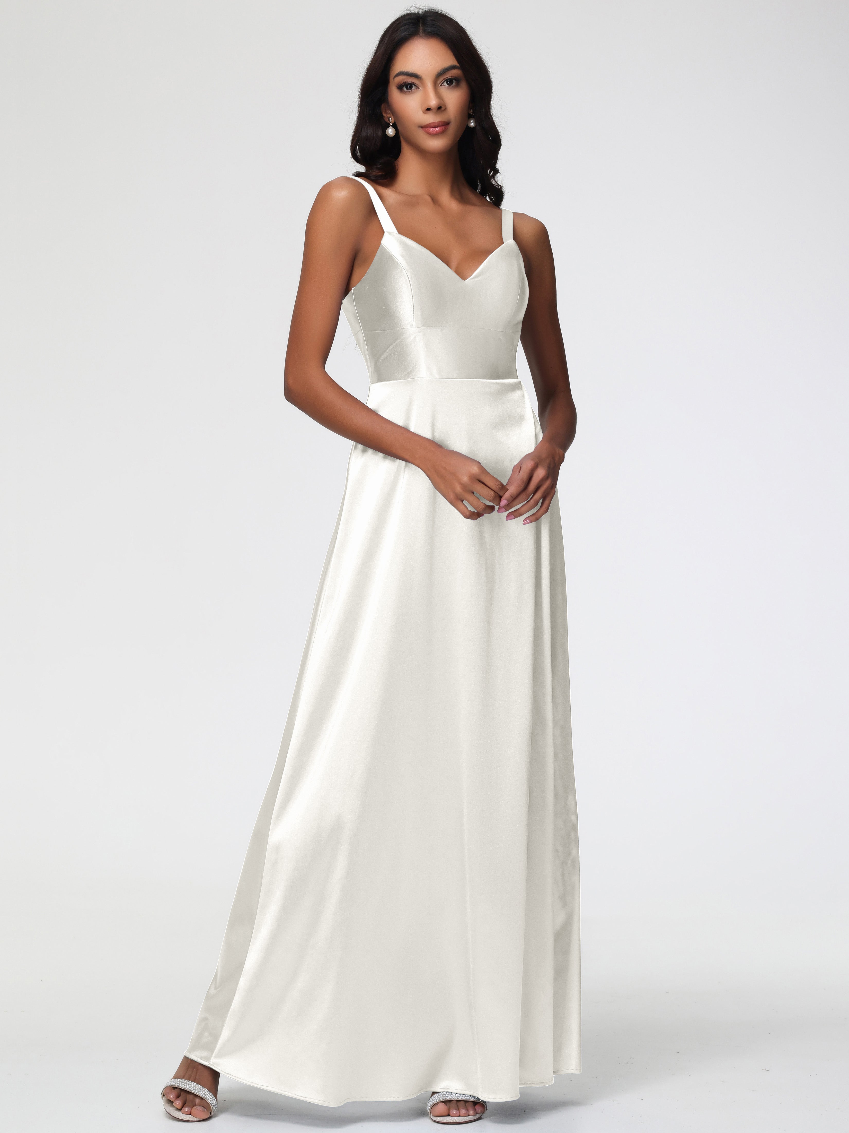 Robe De Demoiselle D Honneur Ivoire Col V Satin Extensible Robe Trapèze Demoiselle D'Honneur
