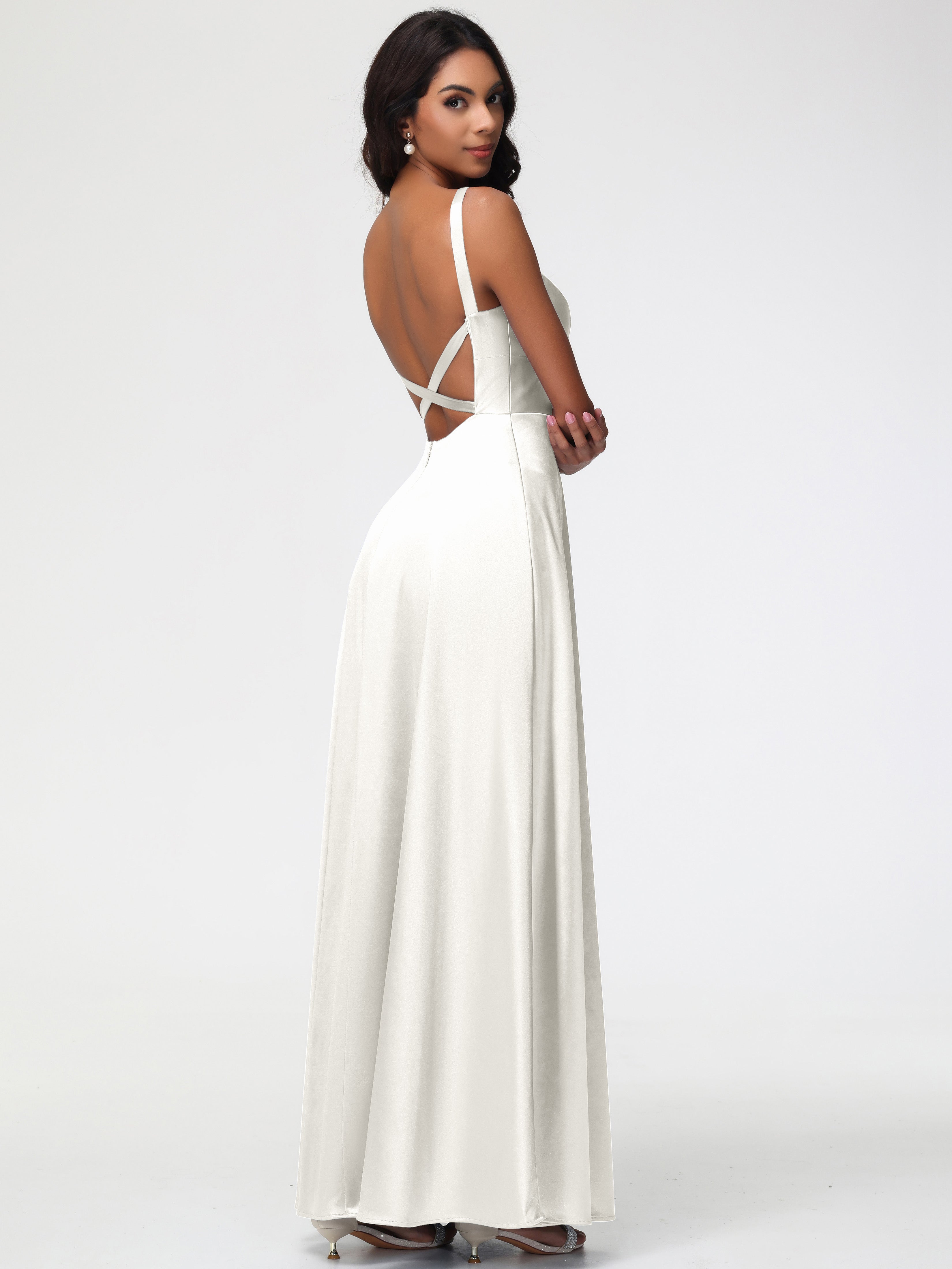 Robe De Demoiselle D Honneur Ivoire Col V Satin Extensible Robe Trapèze Demoiselle D'Honneur