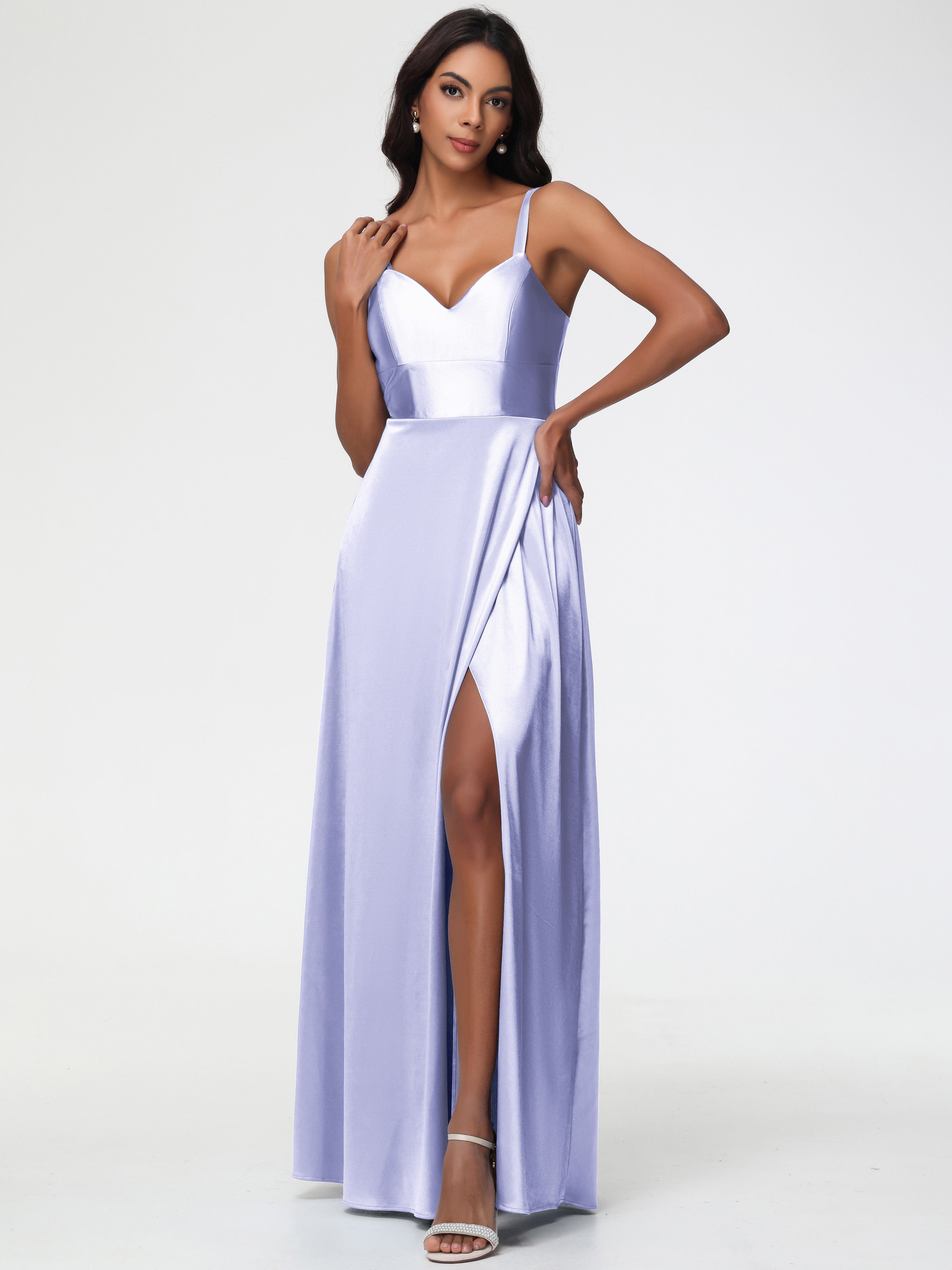 Robe Demoiselle D Honneur Lavande Col V Satin Extensible Robe Trapèze Demoiselle D'Honneur