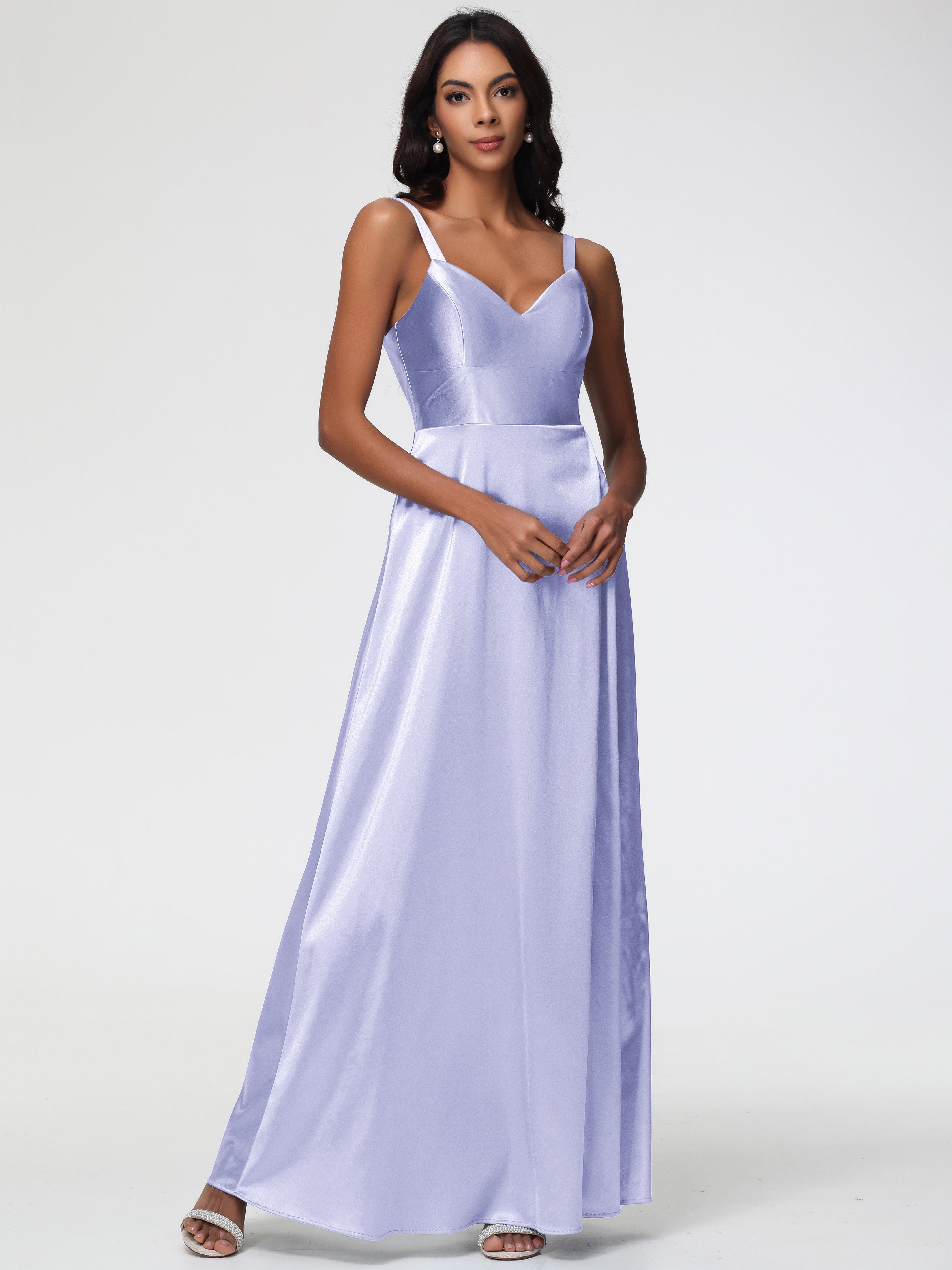 Robe Demoiselle D Honneur Lavande Col V Satin Extensible Robe Trapèze Demoiselle D'Honneur