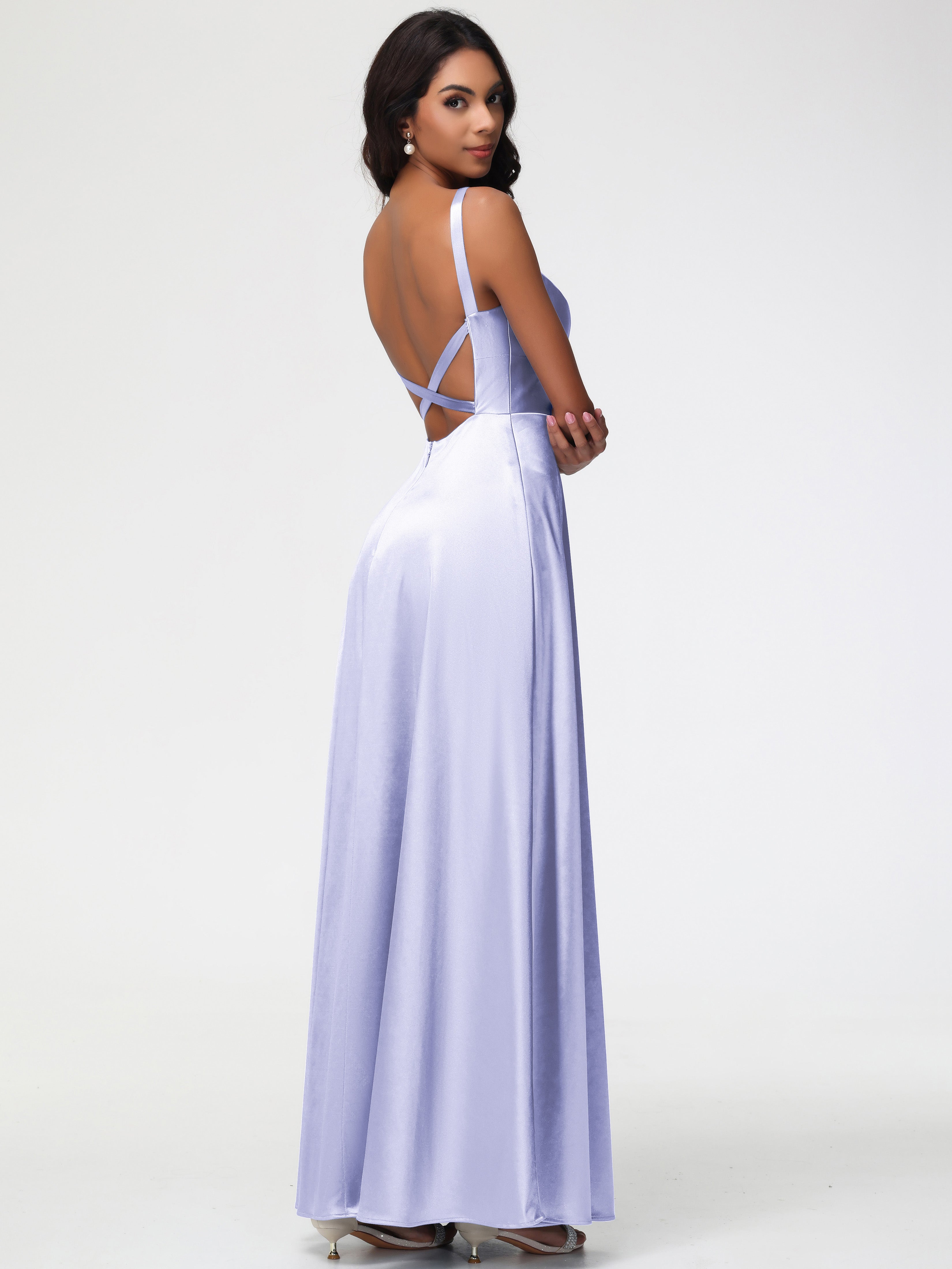 Robe Demoiselle D Honneur Lavande Col V Satin Extensible Robe Trapèze Demoiselle D'Honneur
