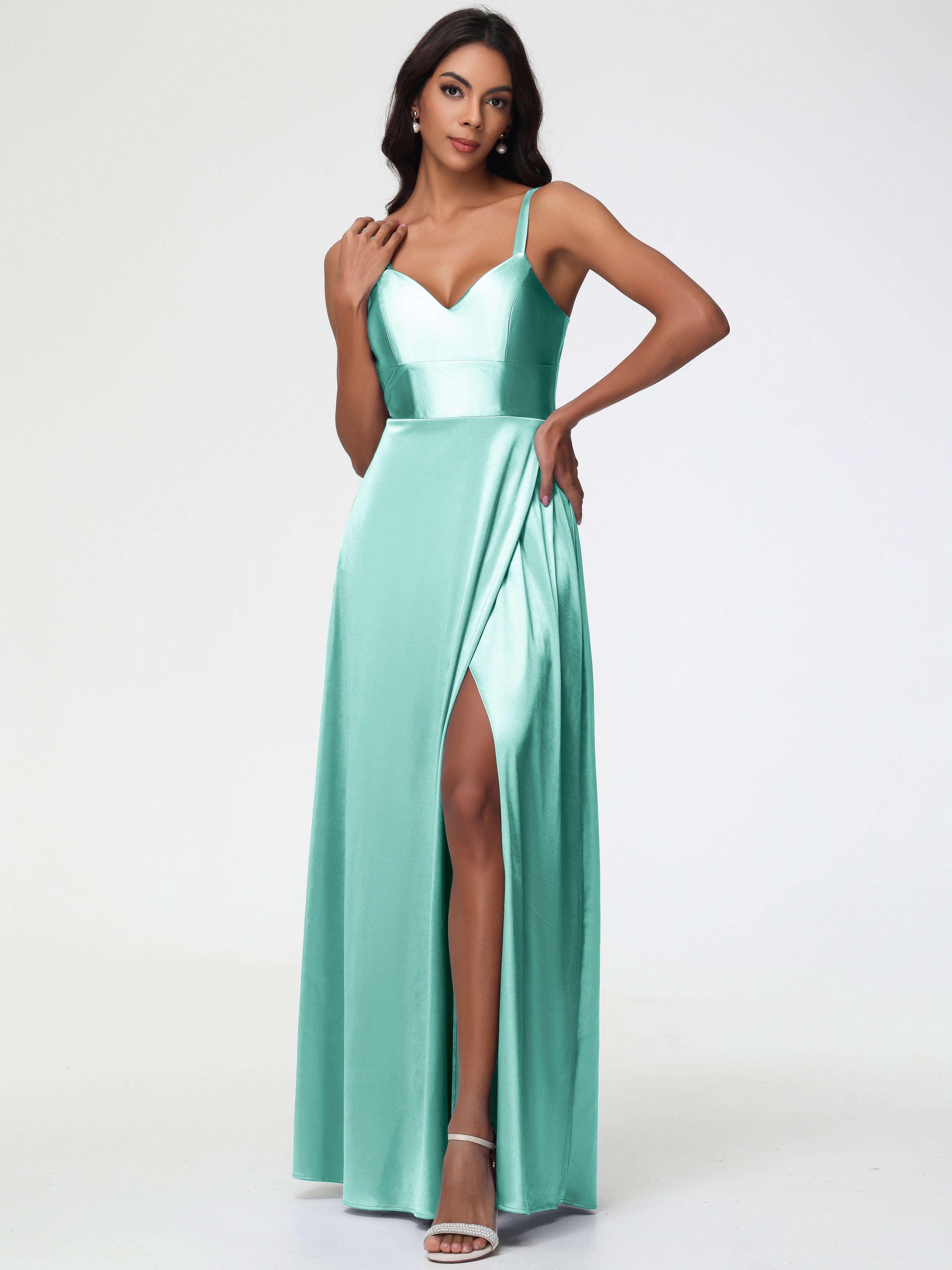 Robe Vert Menthe Demoiselle D Honneur Col V Satin Extensible Robe Trapèze Demoiselle D'Honneur