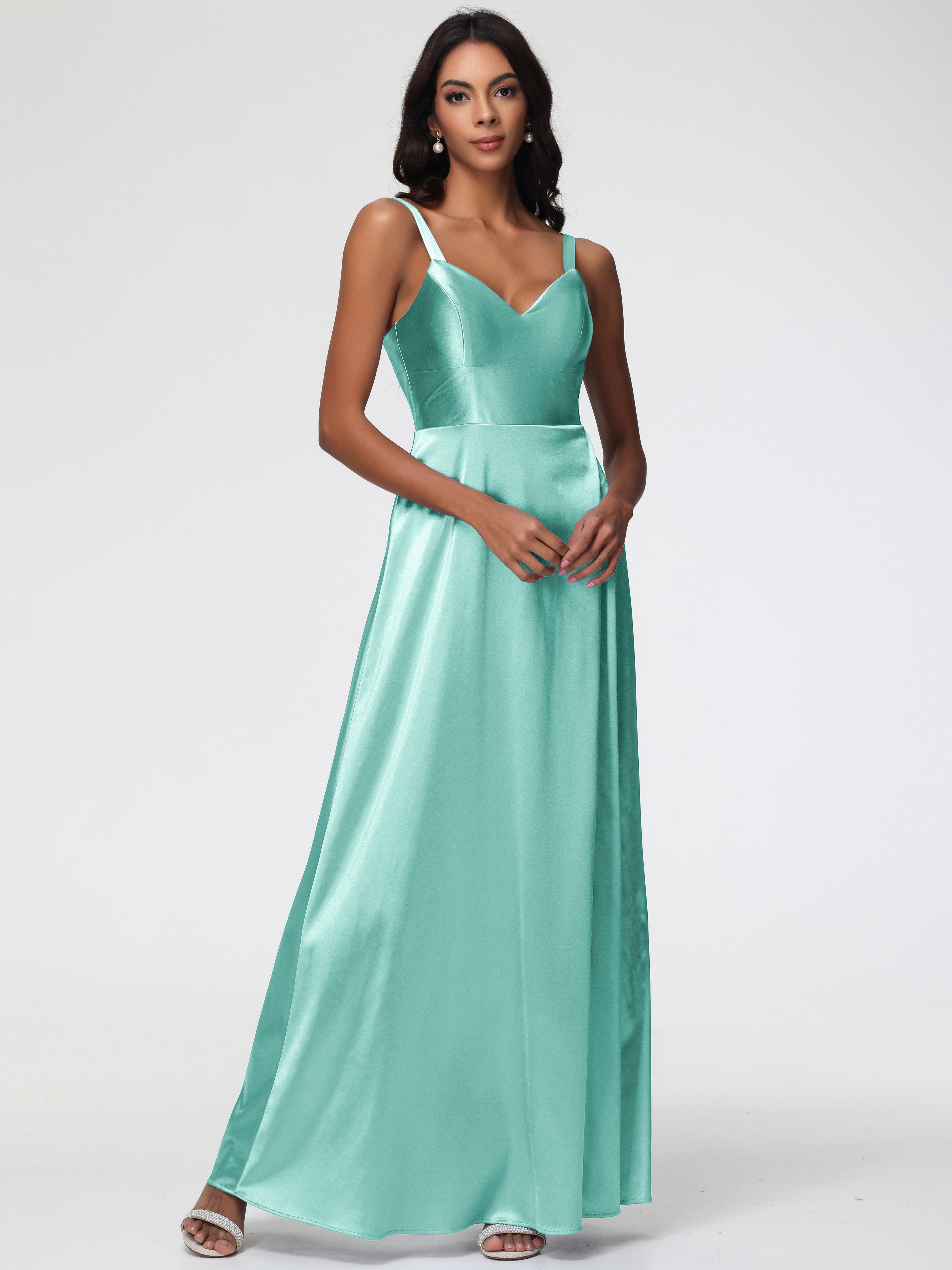 Robe Vert Menthe Demoiselle D Honneur Col V Satin Extensible Robe Trapèze Demoiselle D'Honneur