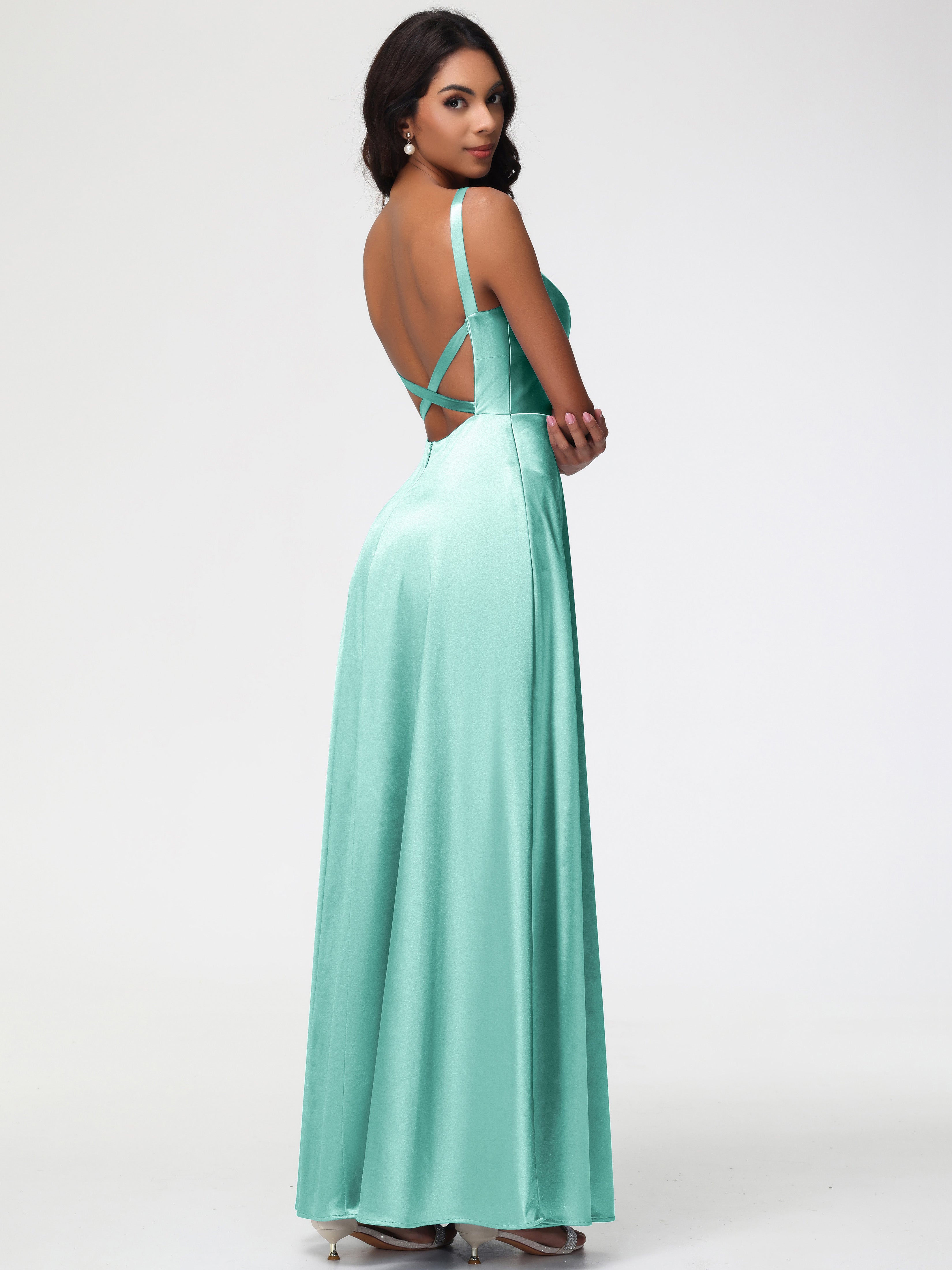 Robe Vert Menthe Demoiselle D Honneur Col V Satin Extensible Robe Trapèze Demoiselle D'Honneur