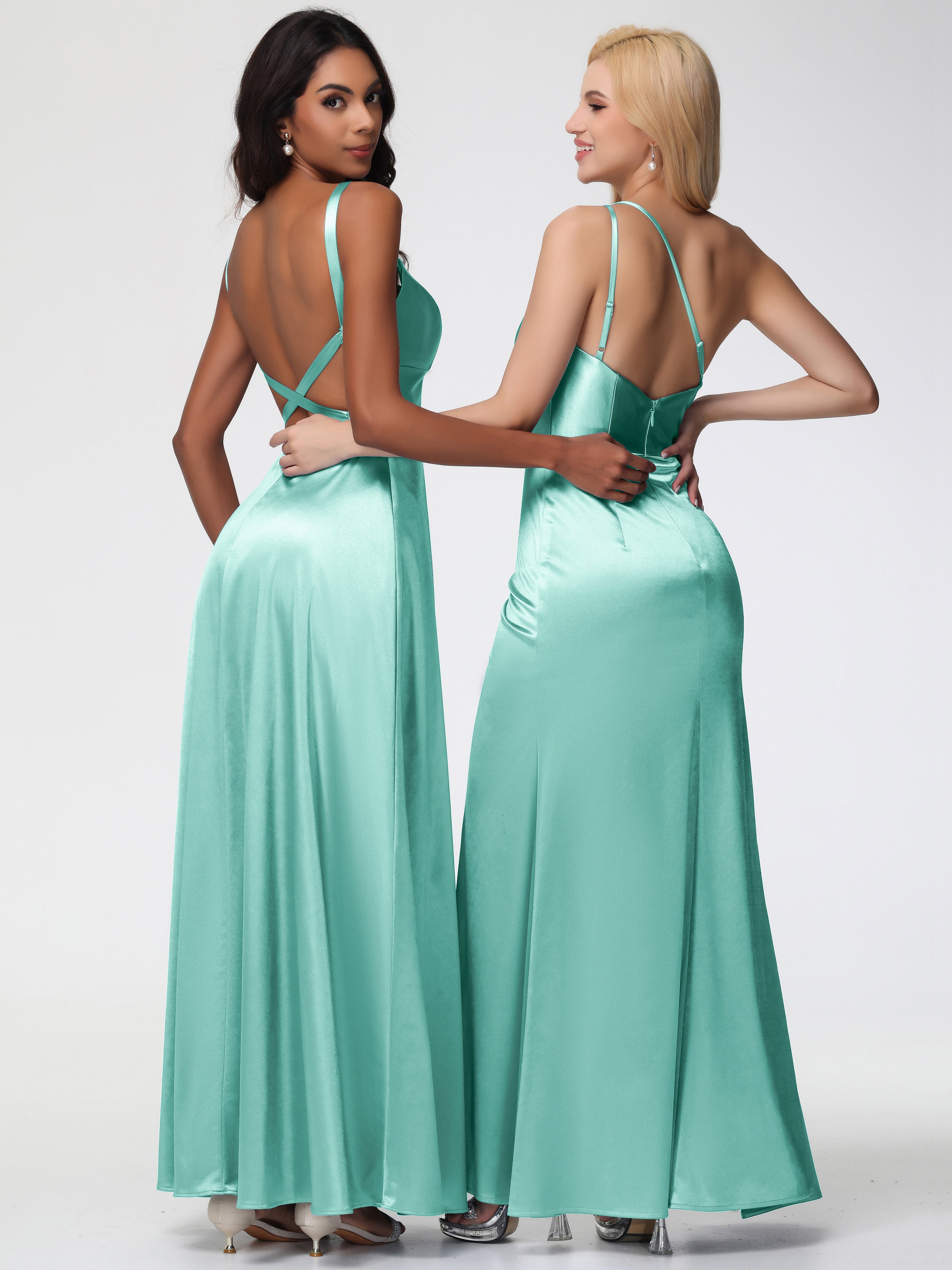 Robe Vert Menthe Demoiselle D Honneur Col V Satin Extensible Robe Trapèze Demoiselle D'Honneur