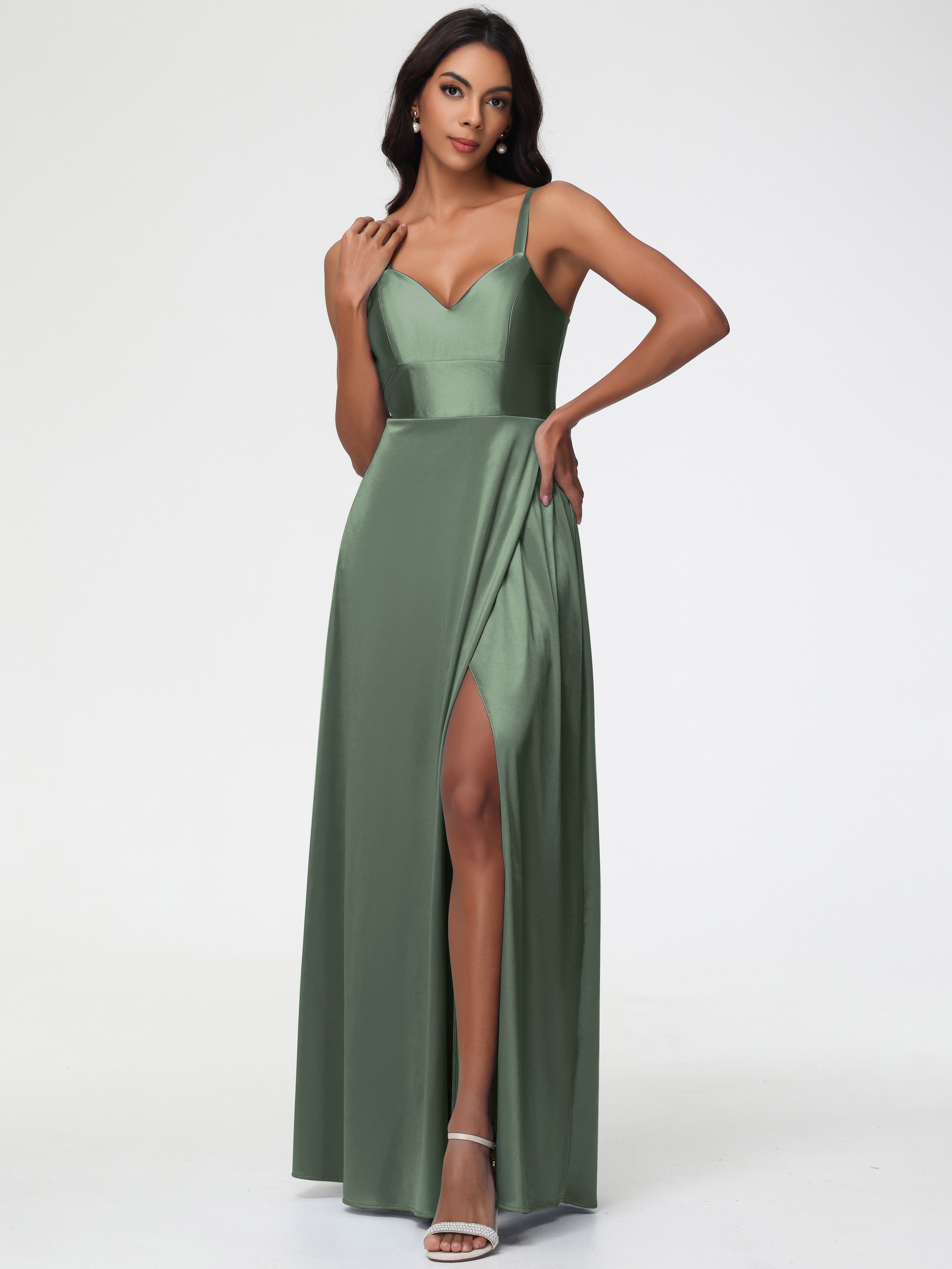 Robe De Demoiselle D Honneur Vert Olive Col V Satin Extensible Robe Trapèze Demoiselle D'Honneur