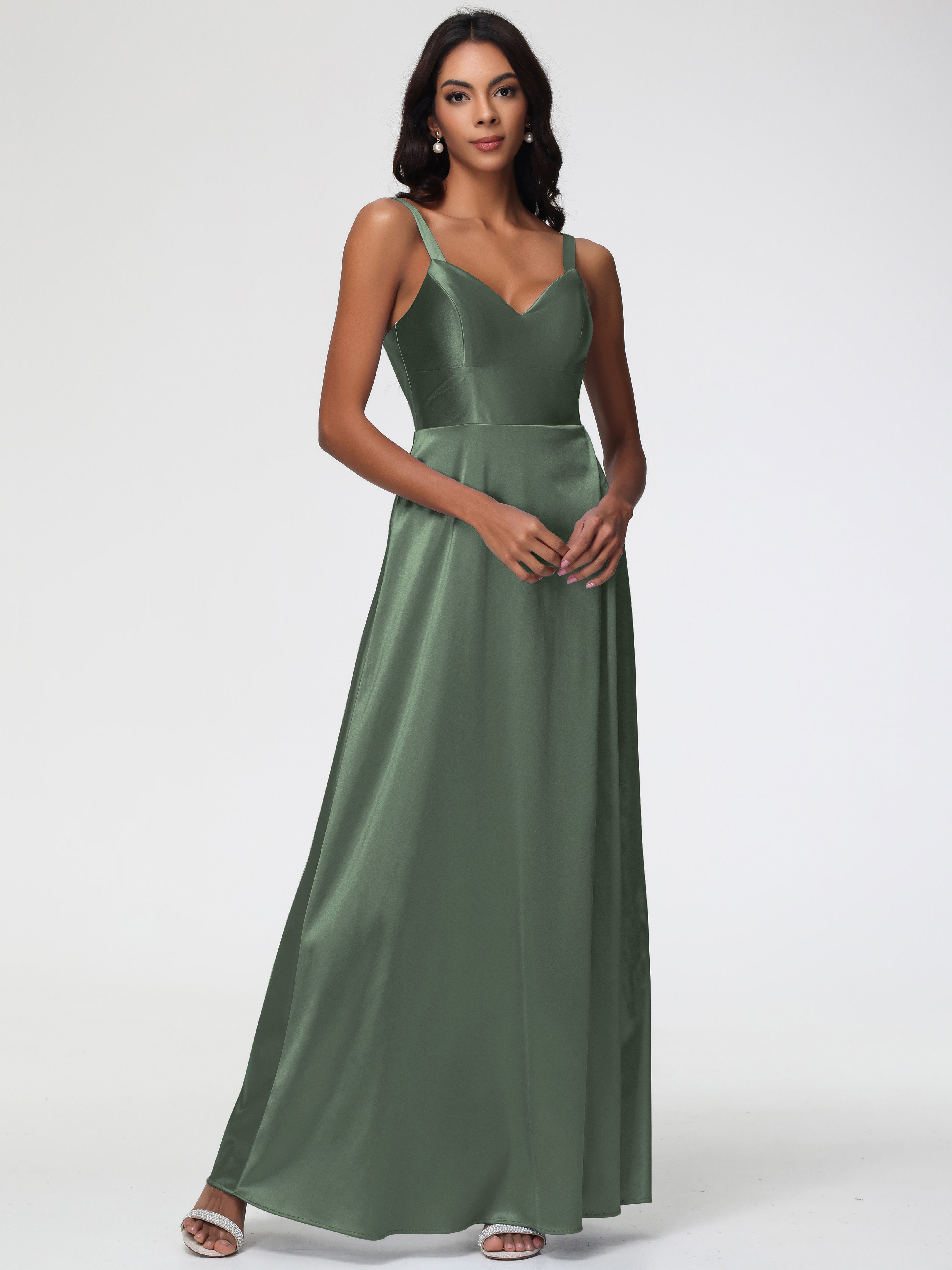 Robe De Demoiselle D Honneur Vert Olive Col V Satin Extensible Robe Trapèze Demoiselle D'Honneur