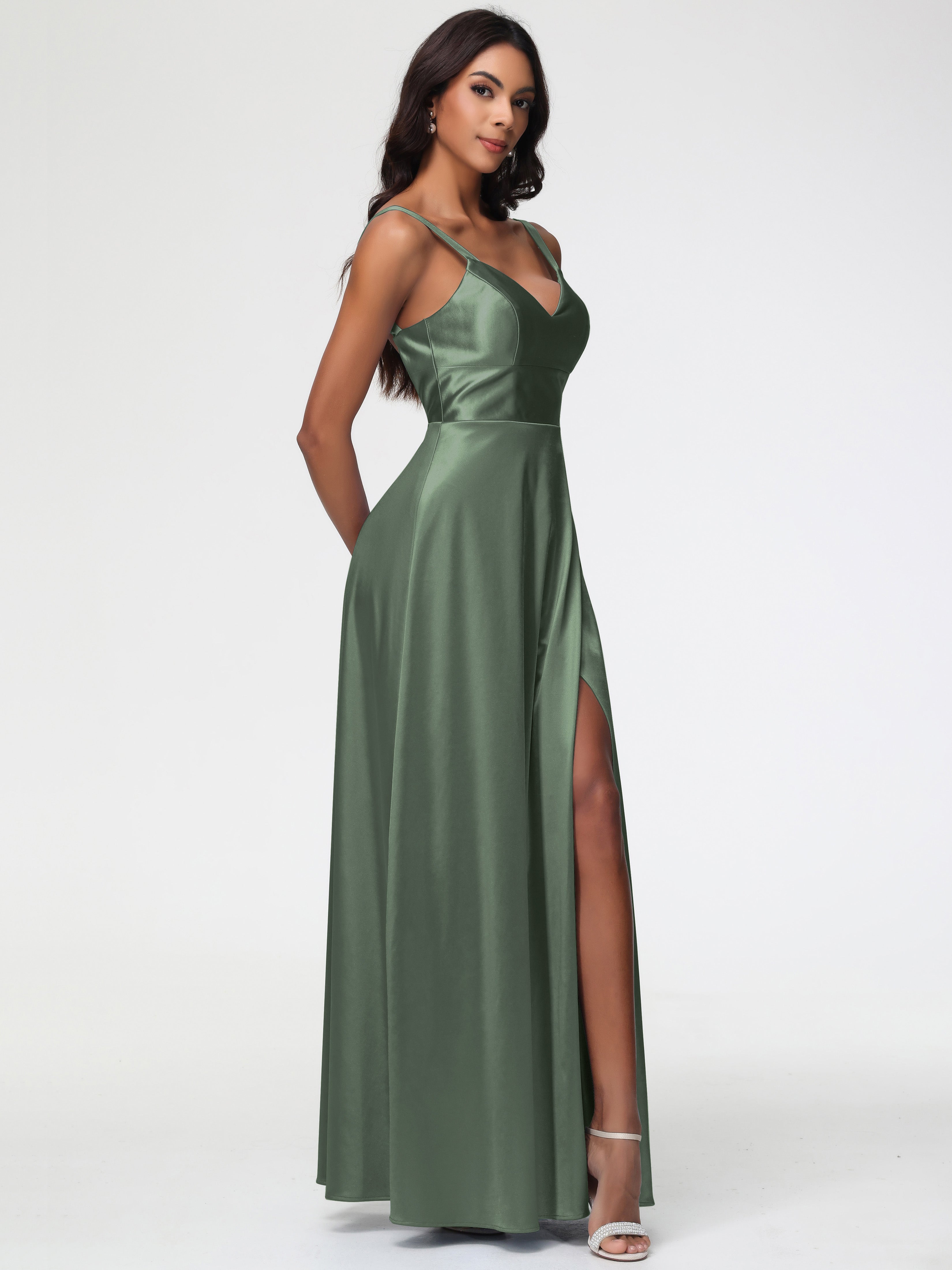 Robe De Demoiselle D Honneur Vert Olive Col V Satin Extensible Robe Trapèze Demoiselle D'Honneur
