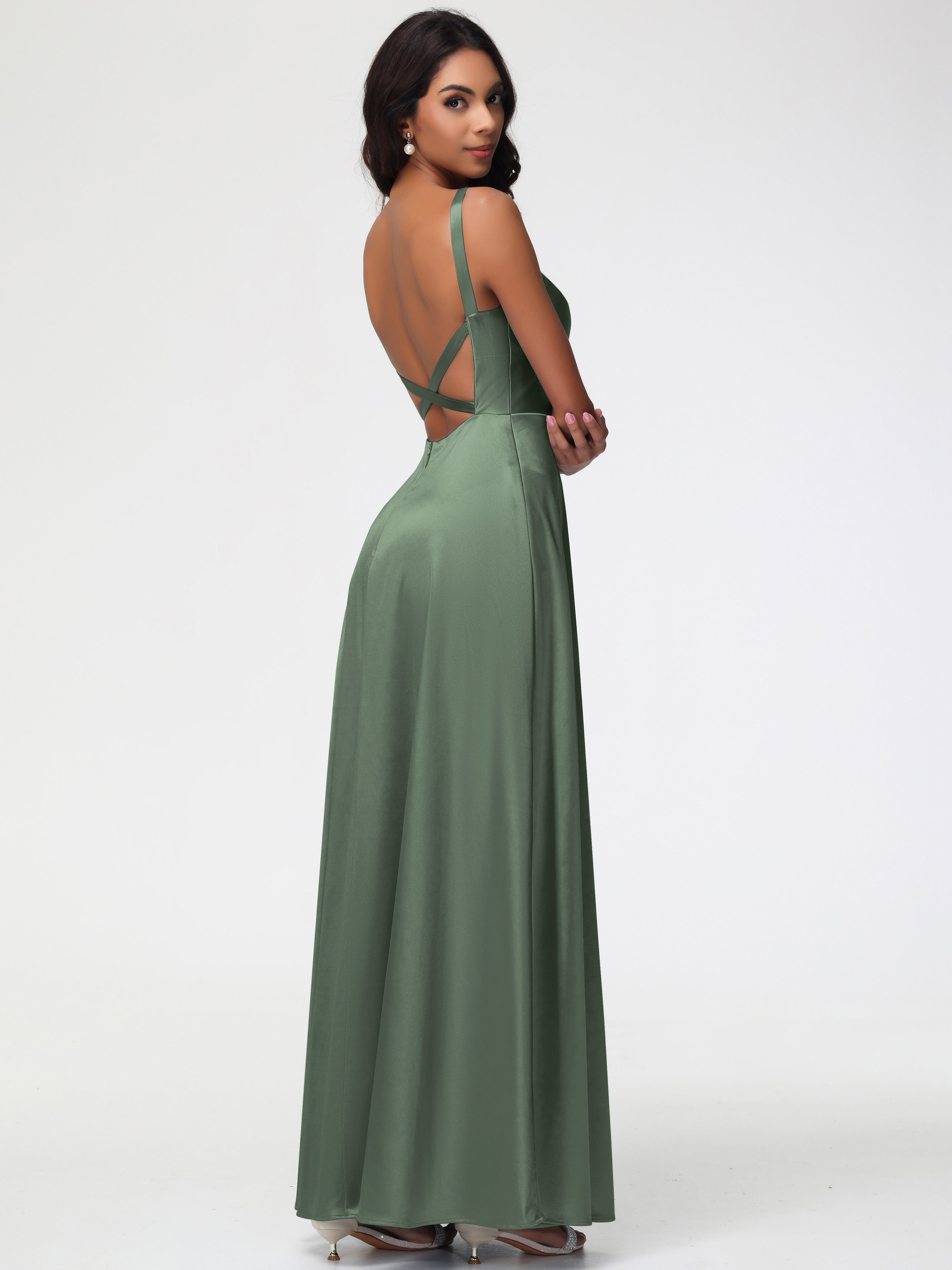 Robe De Demoiselle D Honneur Vert Olive Col V Satin Extensible Robe Trapèze Demoiselle D'Honneur