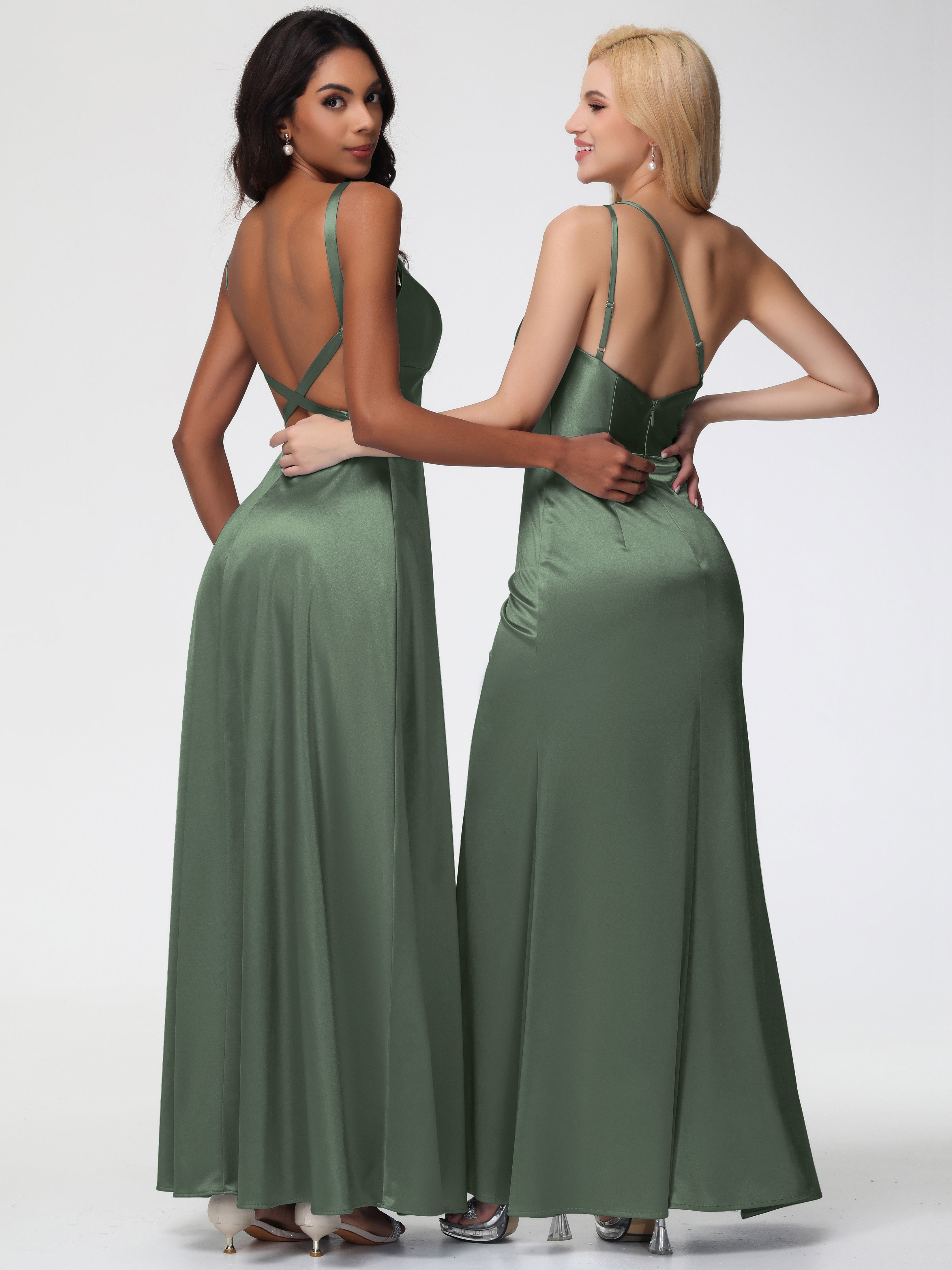 Robe De Demoiselle D Honneur Vert Olive Col V Satin Extensible Robe Trapèze Demoiselle D'Honneur