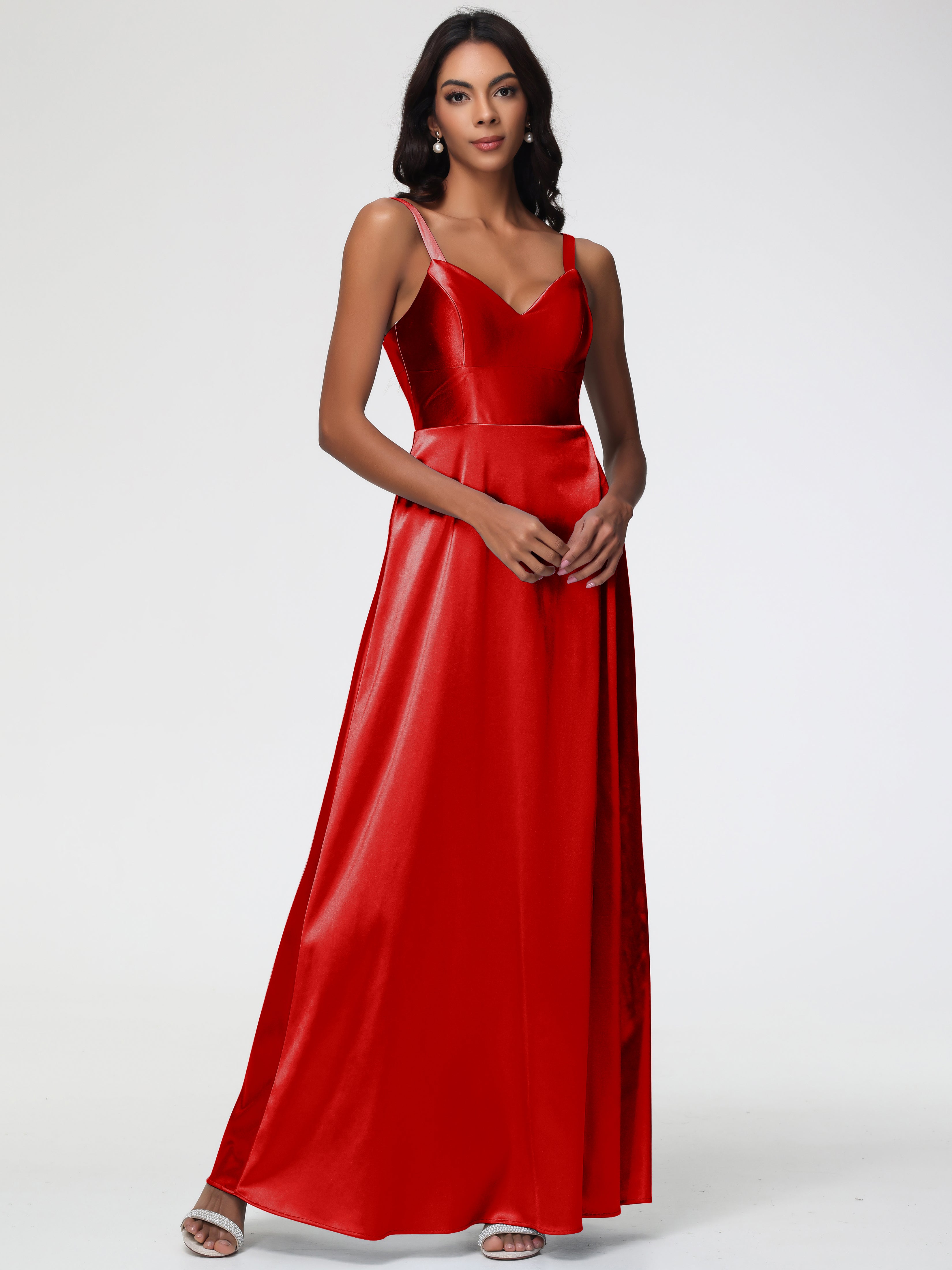 Demoiselle D Honneur Robe Rouge Col V Satin Extensible Robe Trapèze Demoiselle D'Honneur