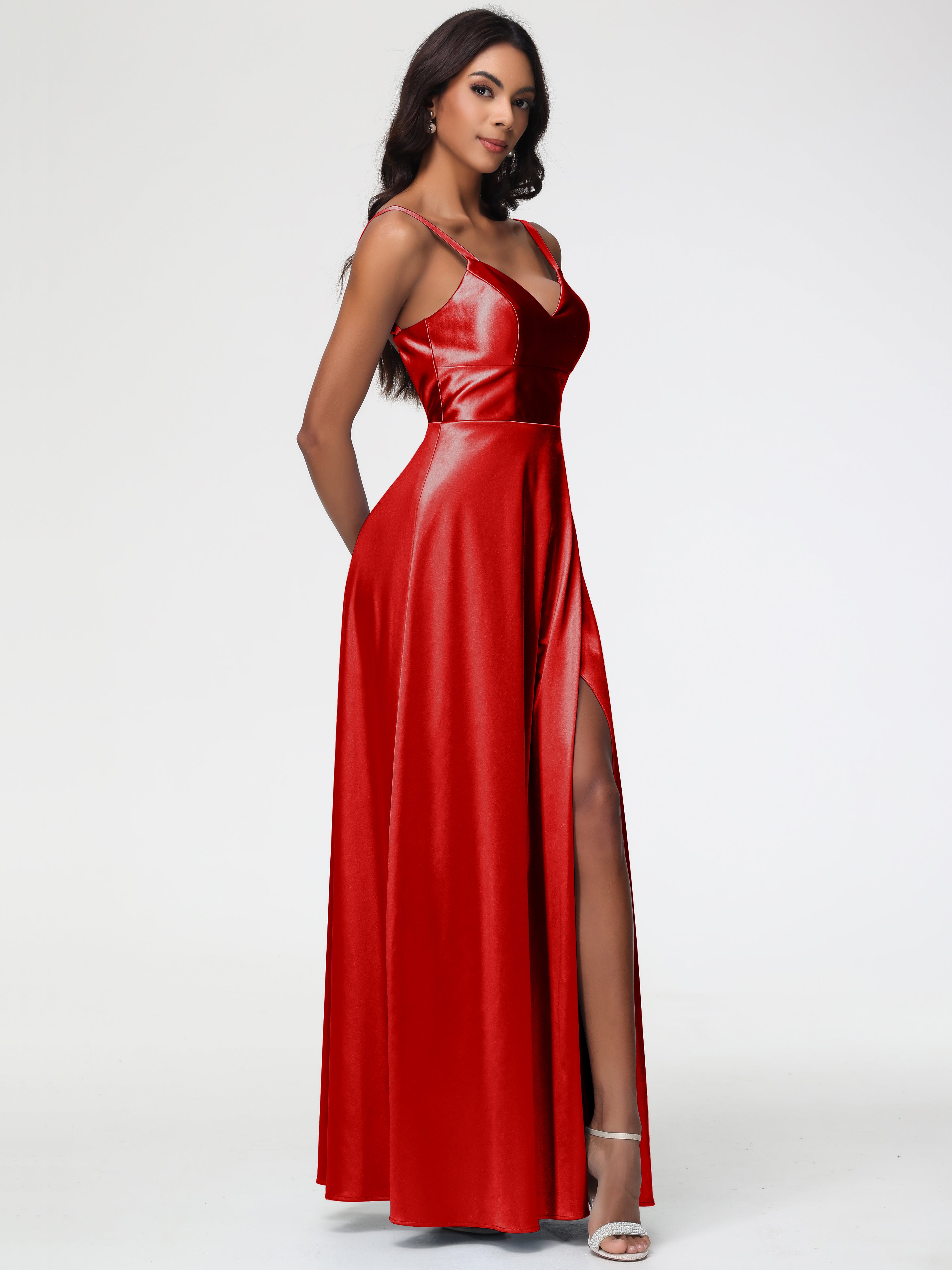Demoiselle D Honneur Robe Rouge Col V Satin Extensible Robe Trapèze Demoiselle D'Honneur