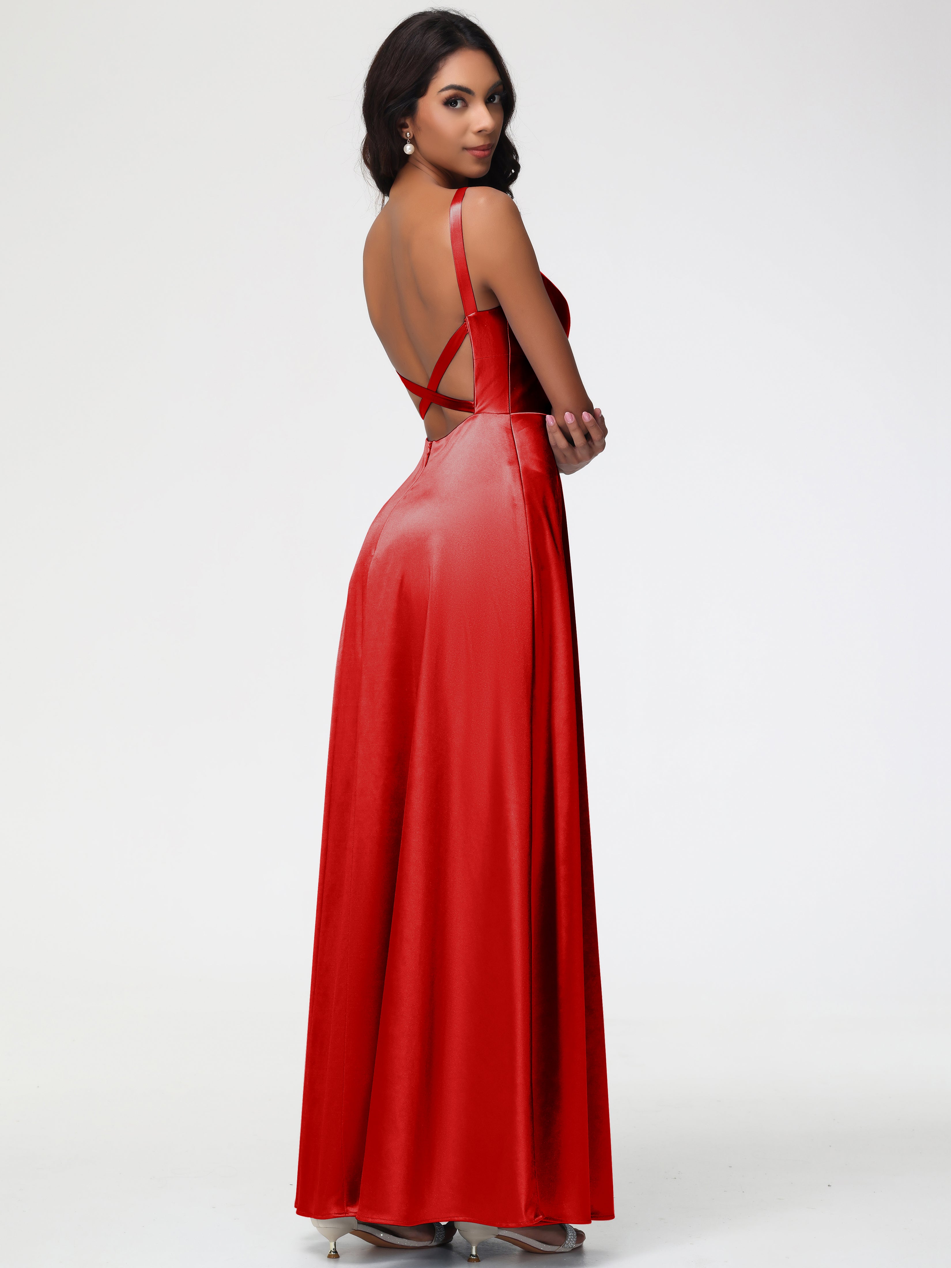 Demoiselle D Honneur Robe Rouge Col V Satin Extensible Robe Trapèze Demoiselle D'Honneur