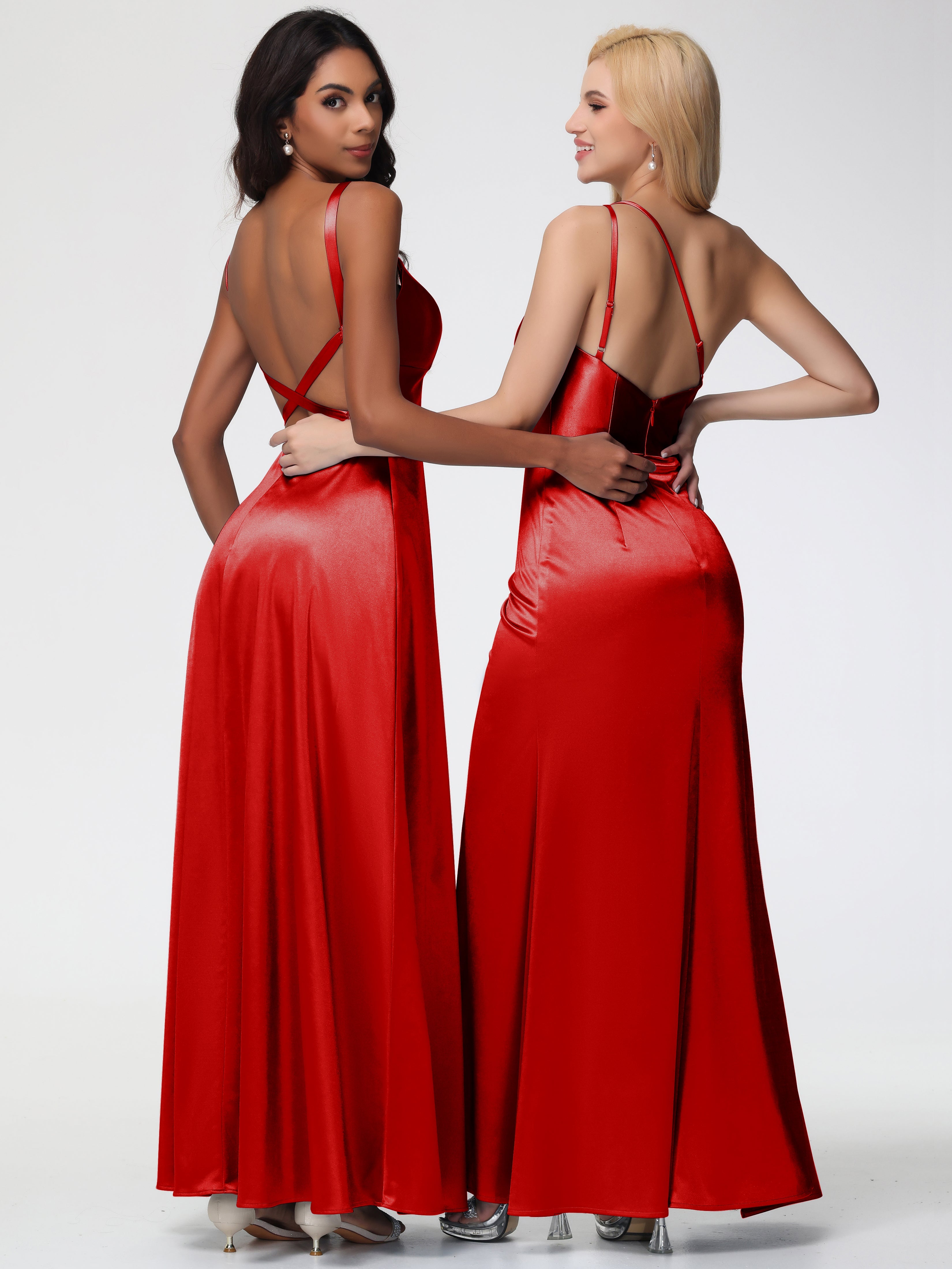 Demoiselle D Honneur Robe Rouge Col V Satin Extensible Robe Trapèze Demoiselle D'Honneur