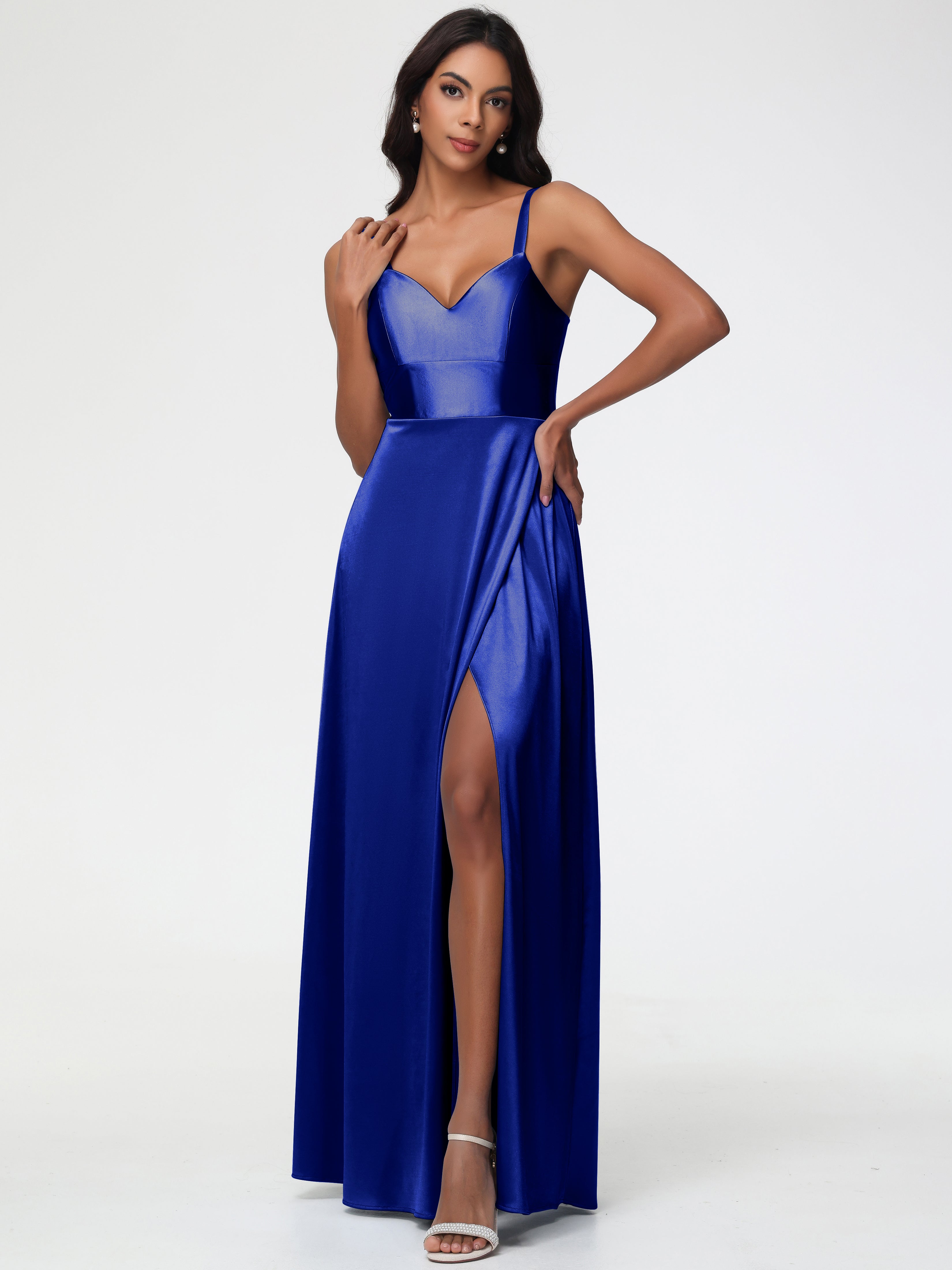 Demoiselle D'Honneur Bleu Royal Col V Satin Extensible Robe Trapèze Demoiselle D'Honneur