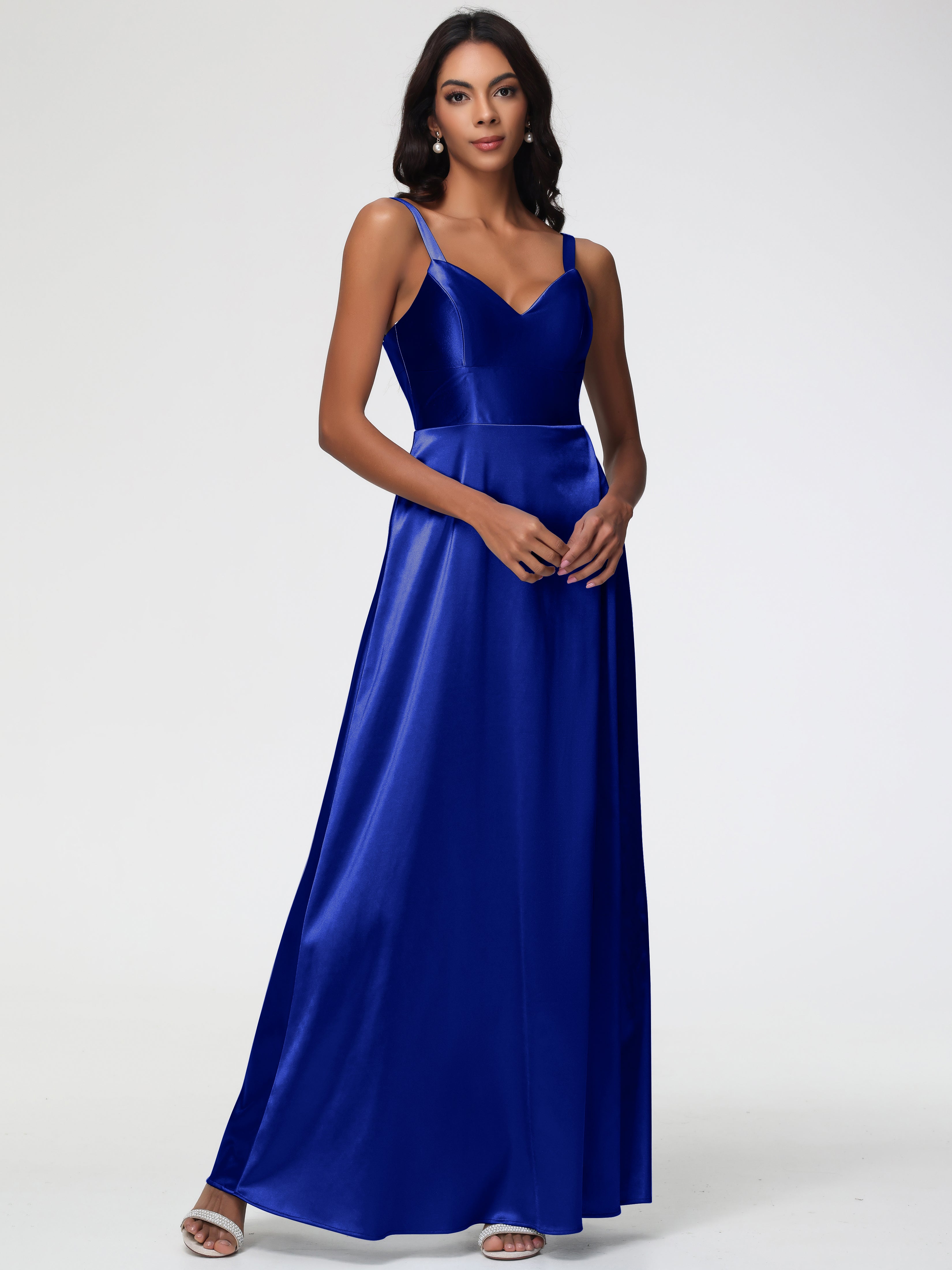 Demoiselle D'Honneur Bleu Royal Col V Satin Extensible Robe Trapèze Demoiselle D'Honneur