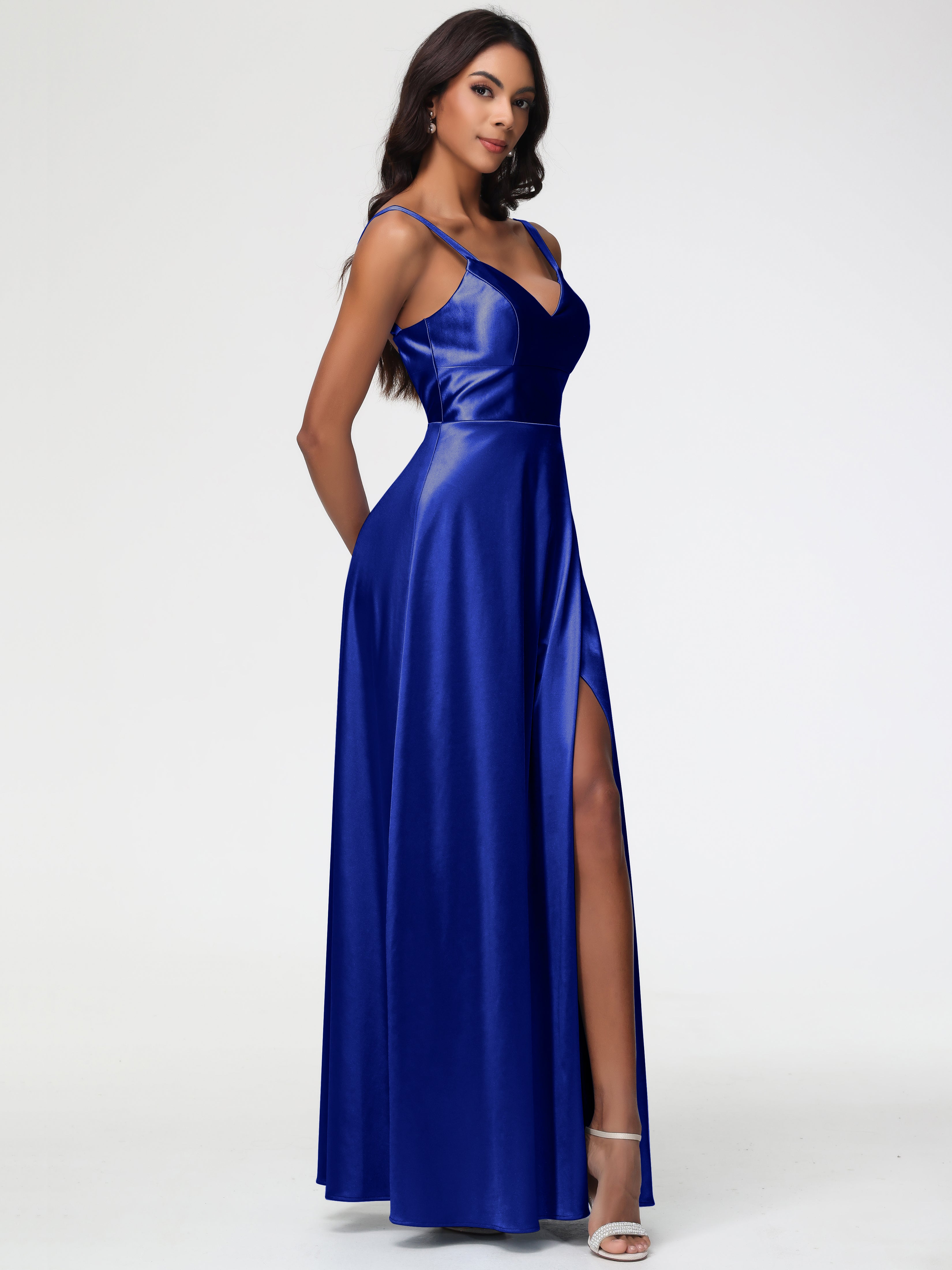 Demoiselle D'Honneur Bleu Royal Col V Satin Extensible Robe Trapèze Demoiselle D'Honneur