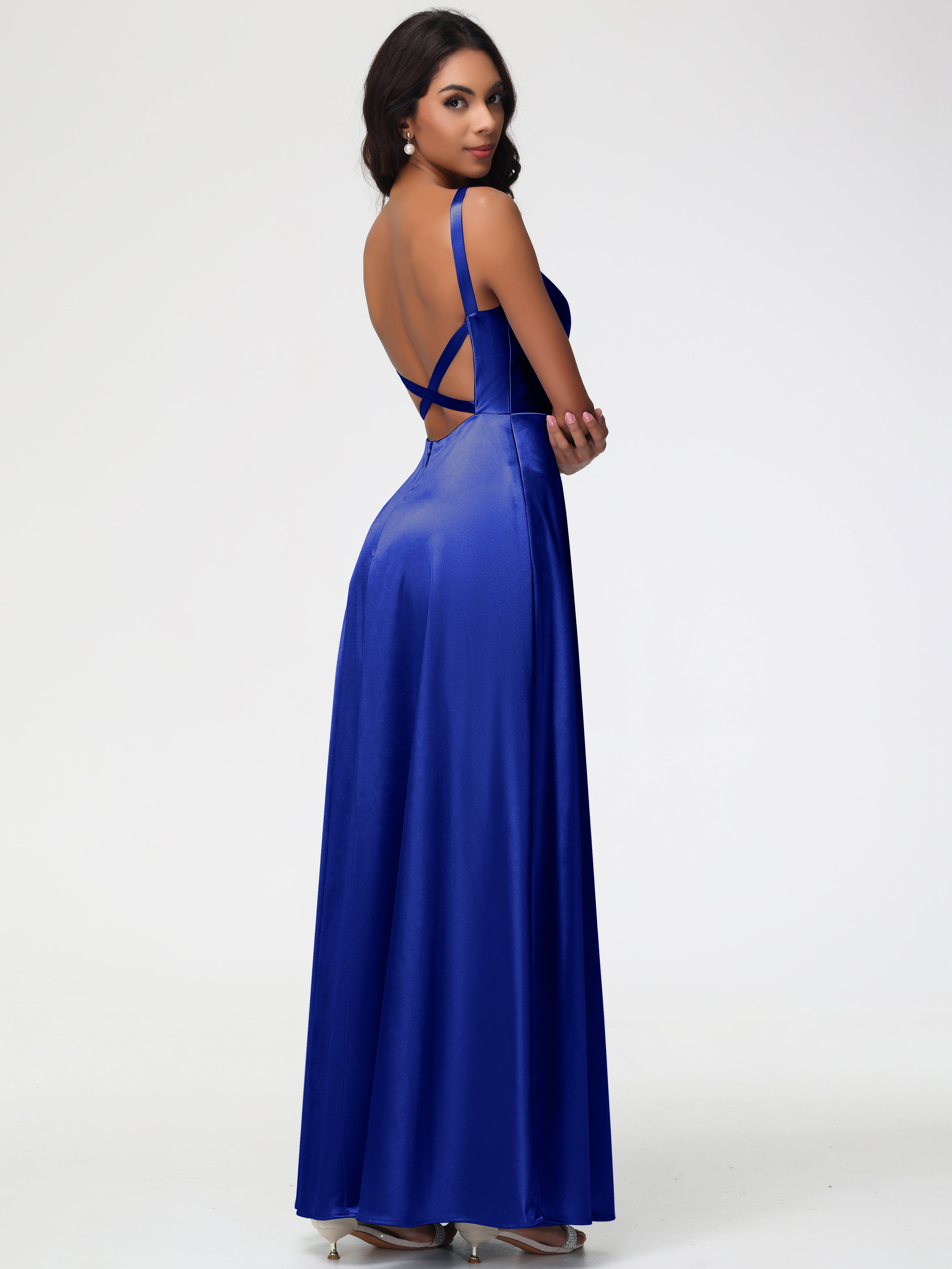 Demoiselle D'Honneur Bleu Royal Col V Satin Extensible Robe Trapèze Demoiselle D'Honneur
