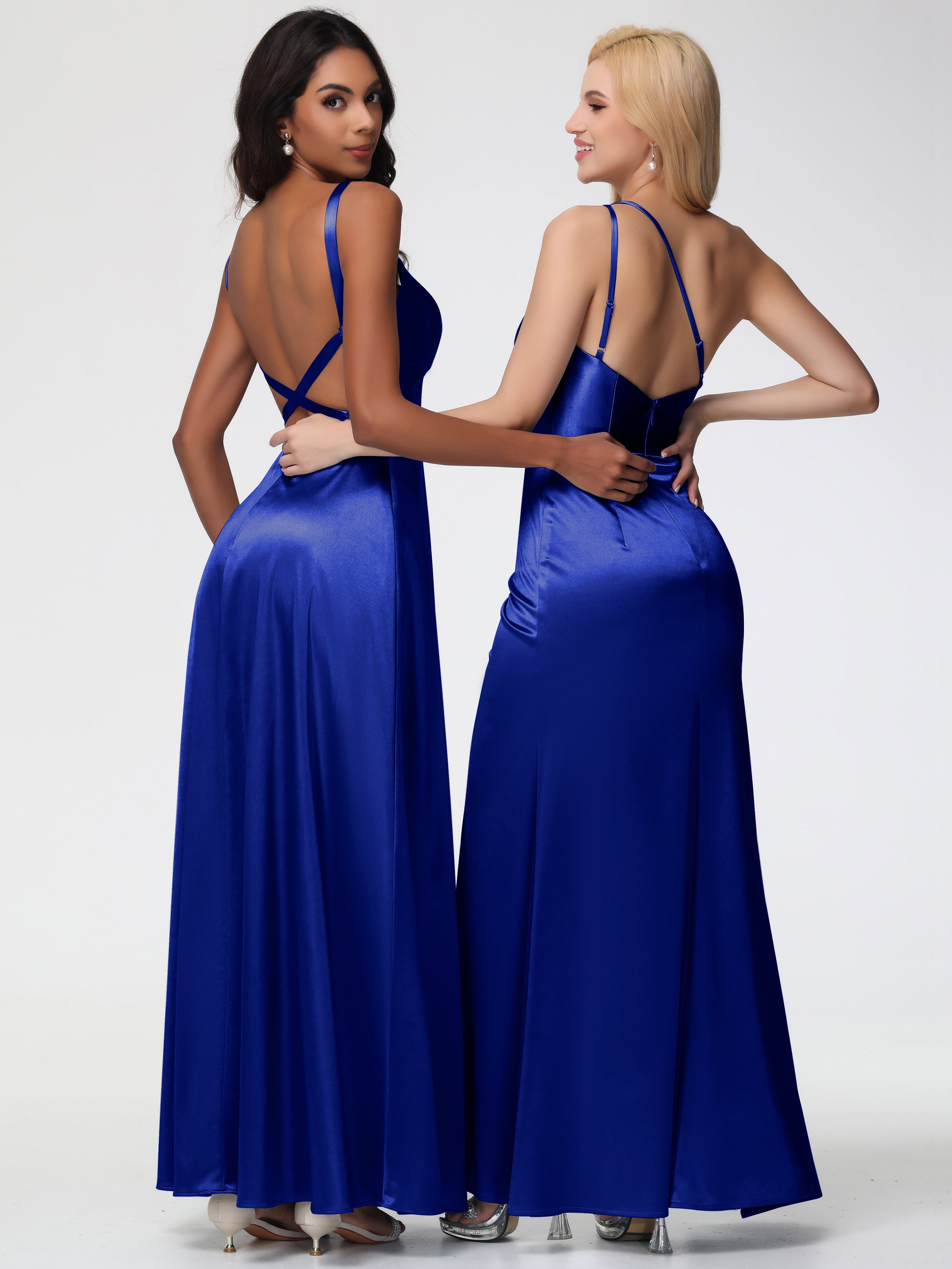 Demoiselle D'Honneur Bleu Royal Col V Satin Extensible Robe Trapèze Demoiselle D'Honneur