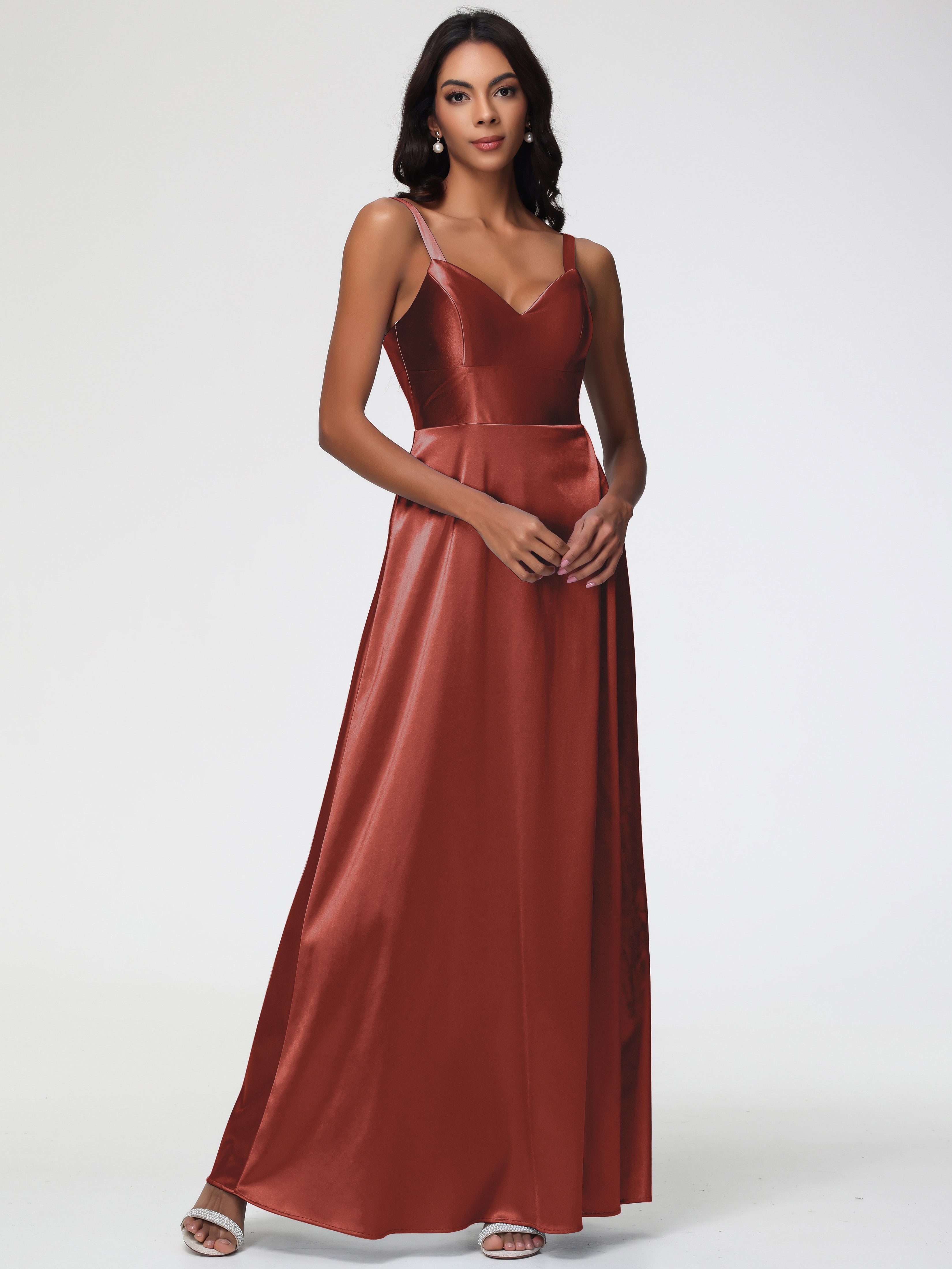 Robes De Demoiselle D'Honneur De Rouille Col V Satin Extensible Robe Trapèze Demoiselle D'Honneur