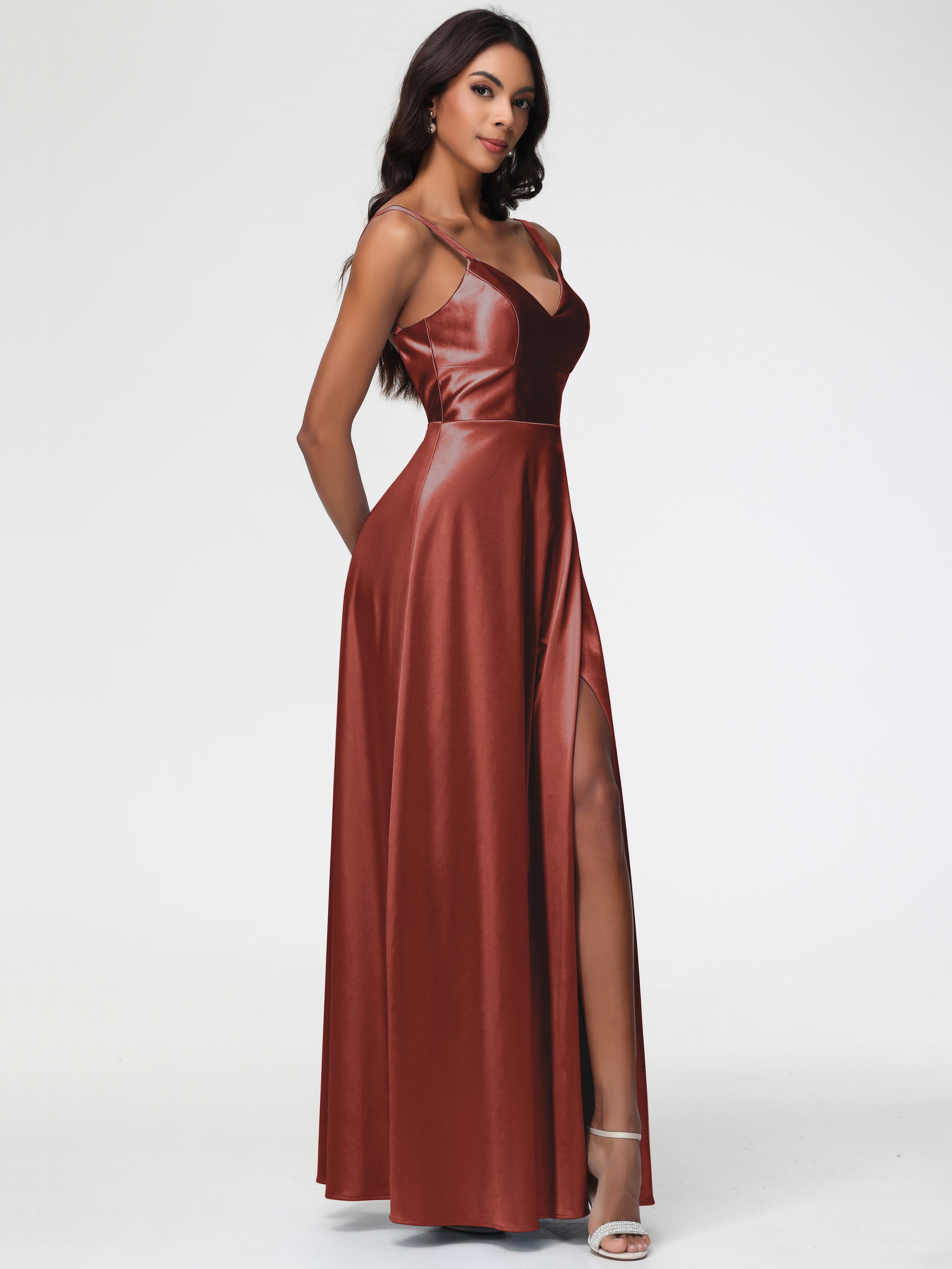 Robes De Demoiselle D'Honneur De Rouille Col V Satin Extensible Robe Trapèze Demoiselle D'Honneur