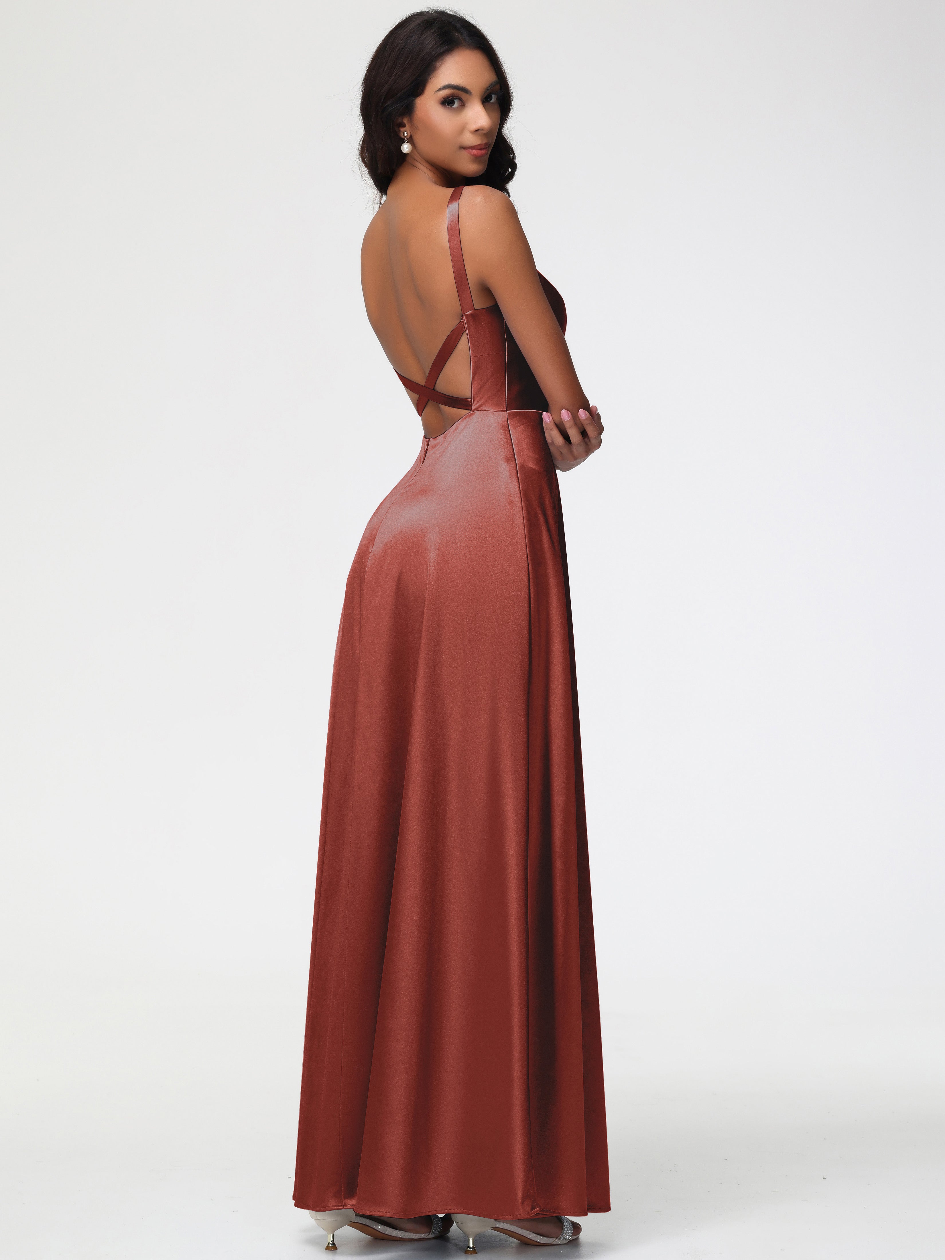 Robes De Demoiselle D'Honneur De Rouille Col V Satin Extensible Robe Trapèze Demoiselle D'Honneur