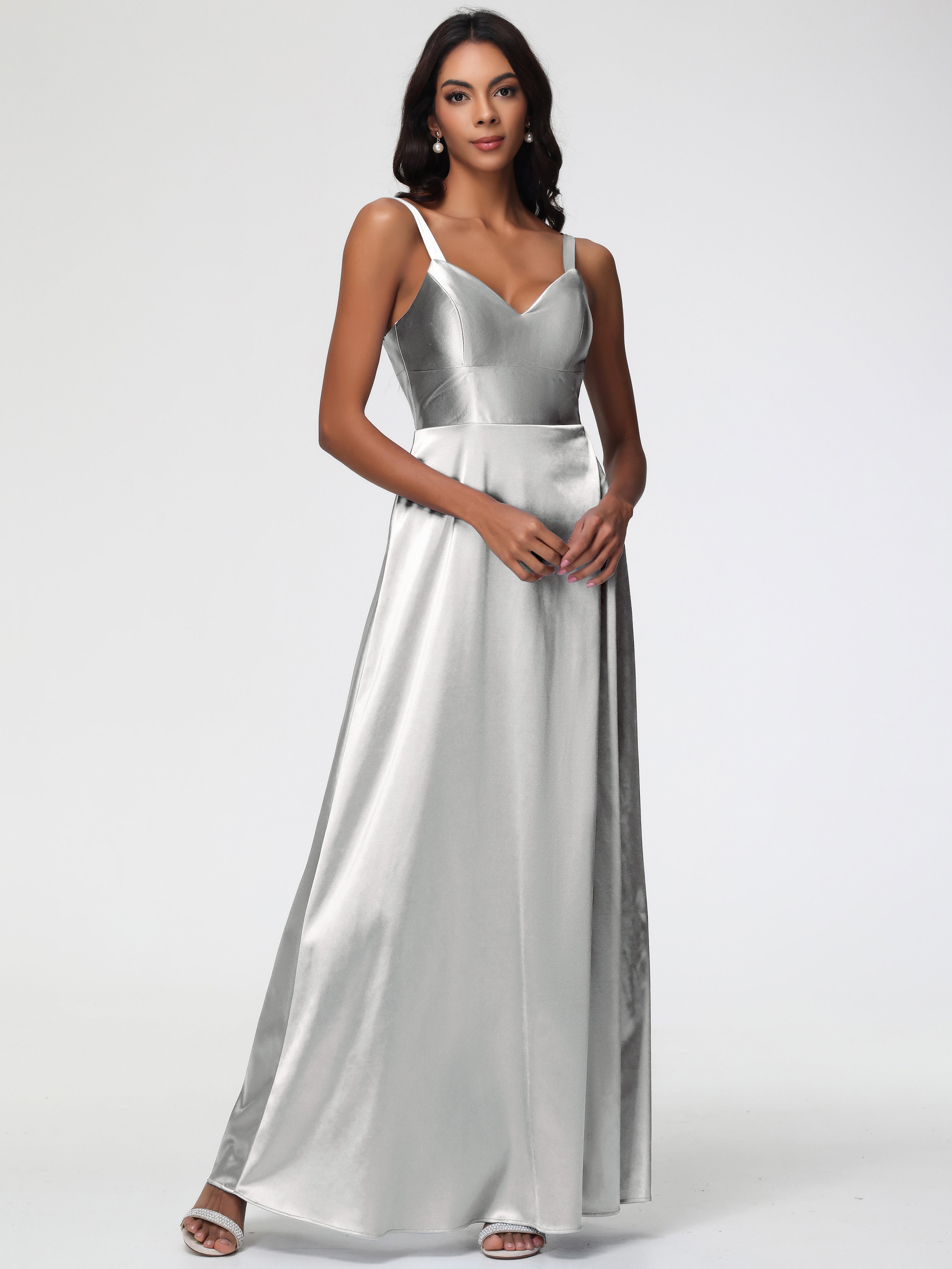 Robes De Demoiselle D'Honneur En Argent Col V Satin Extensible Robe Trapèze Demoiselle D'Honneur