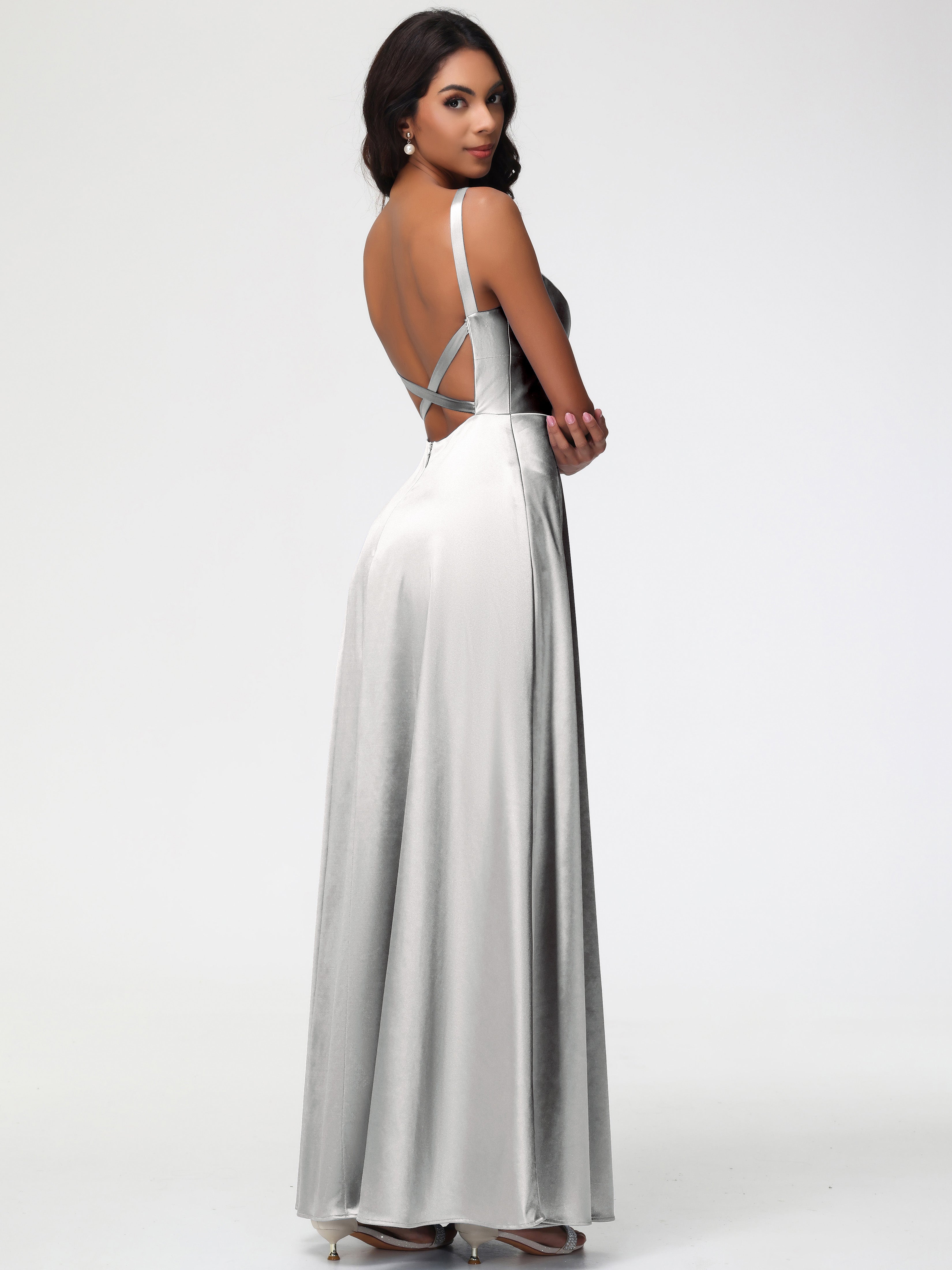 Robes De Demoiselle D'Honneur En Argent Col V Satin Extensible Robe Trapèze Demoiselle D'Honneur