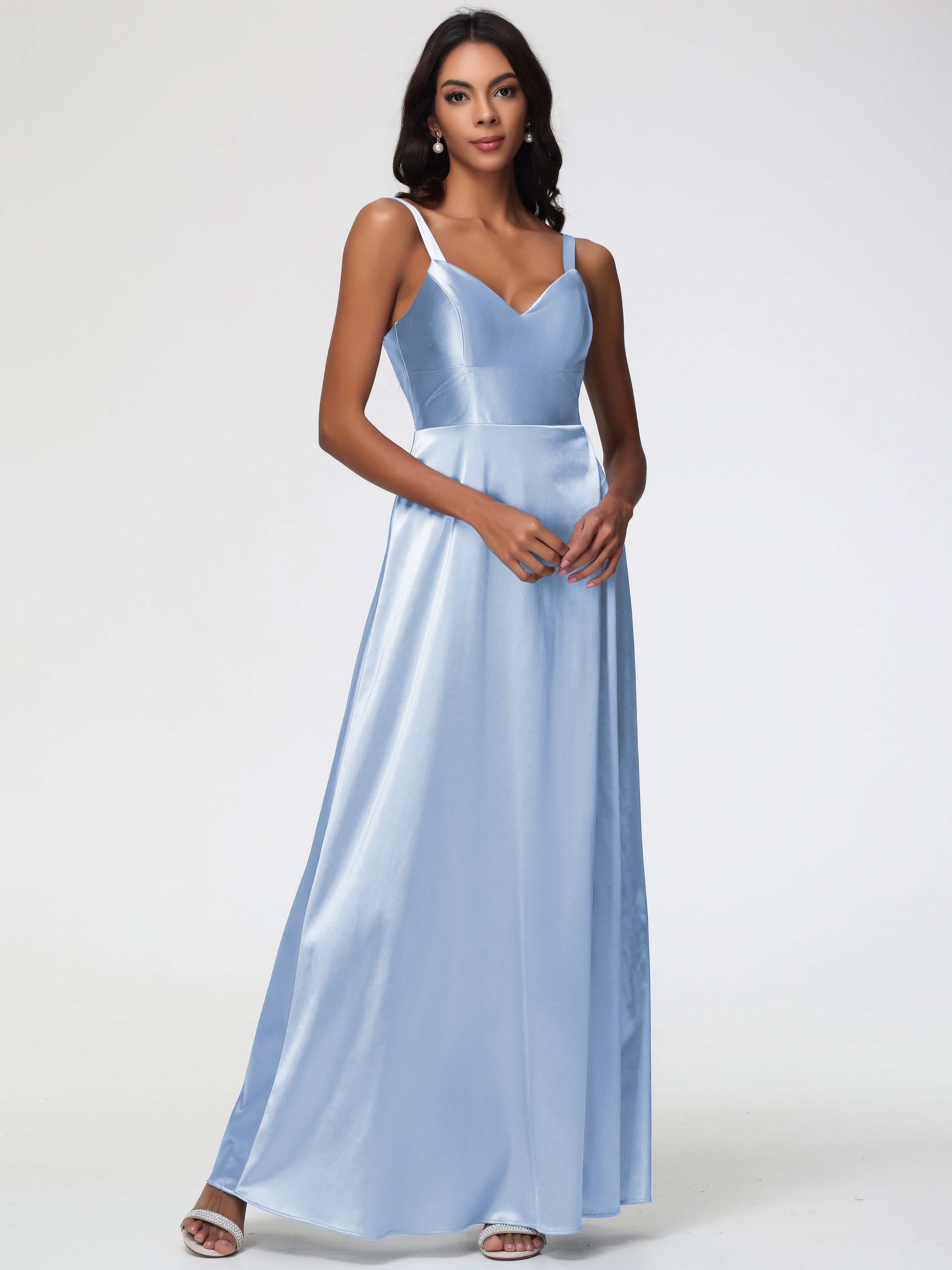 Robe Demoiselle D Honneur Bleue Ciel Col V Satin Extensible Robe Trapèze Demoiselle D'Honneur