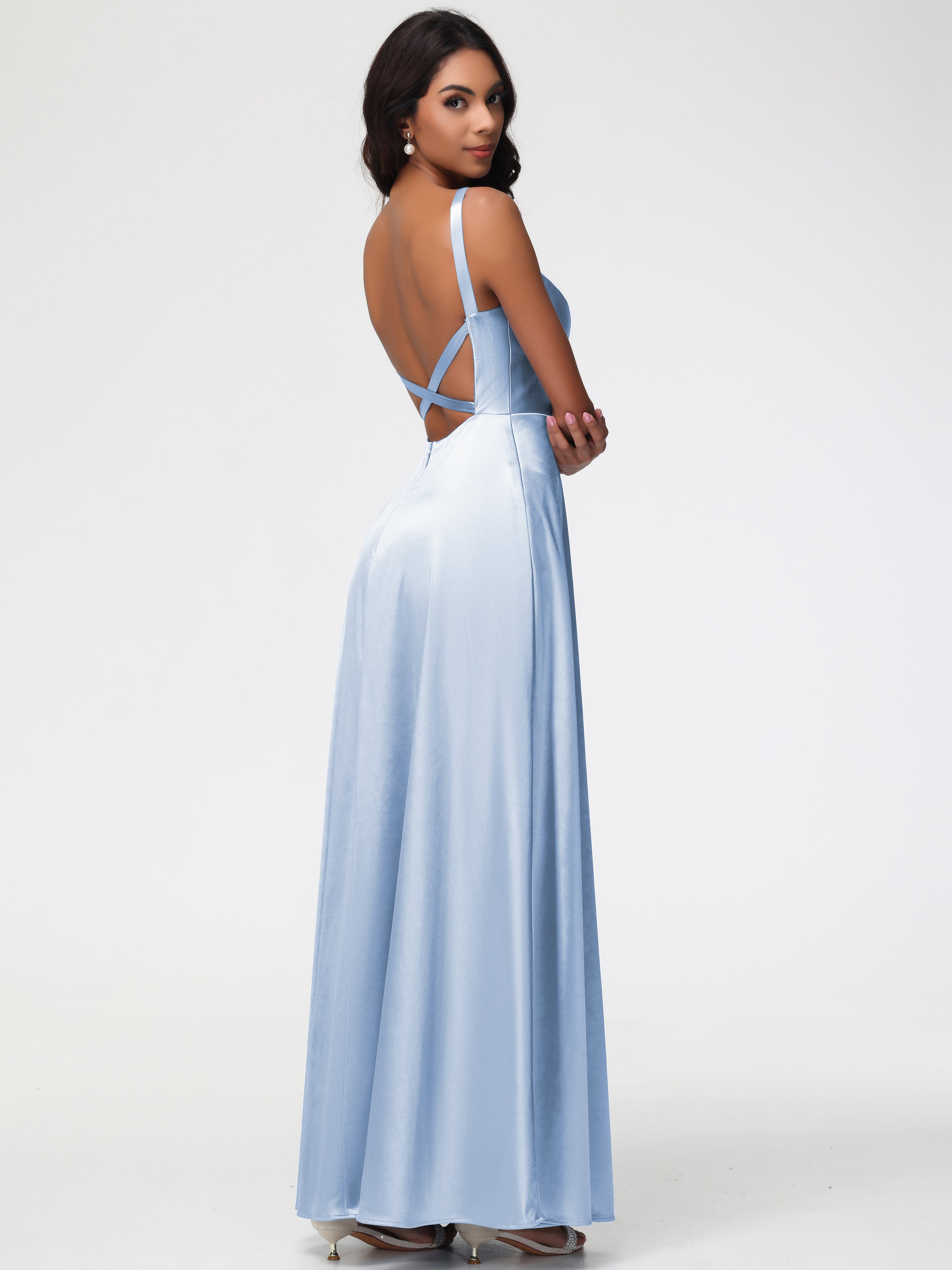 Robe Demoiselle D Honneur Bleue Ciel Col V Satin Extensible Robe Trapèze Demoiselle D'Honneur