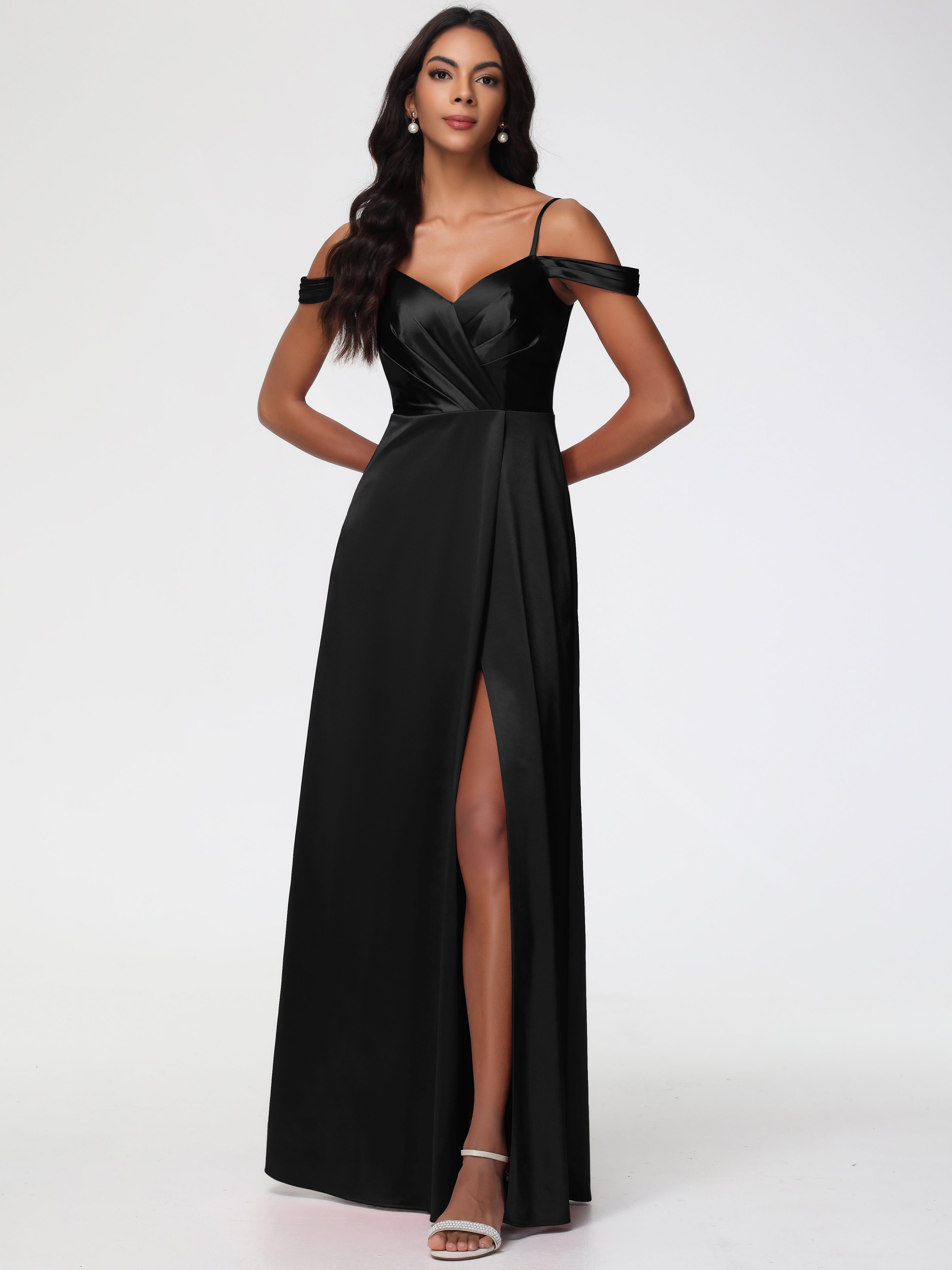 Demoiselle D Honneur Robe Noire Satin Extensible Robe Trapèze Demoiselle D'Honneur Épaule Dénudée