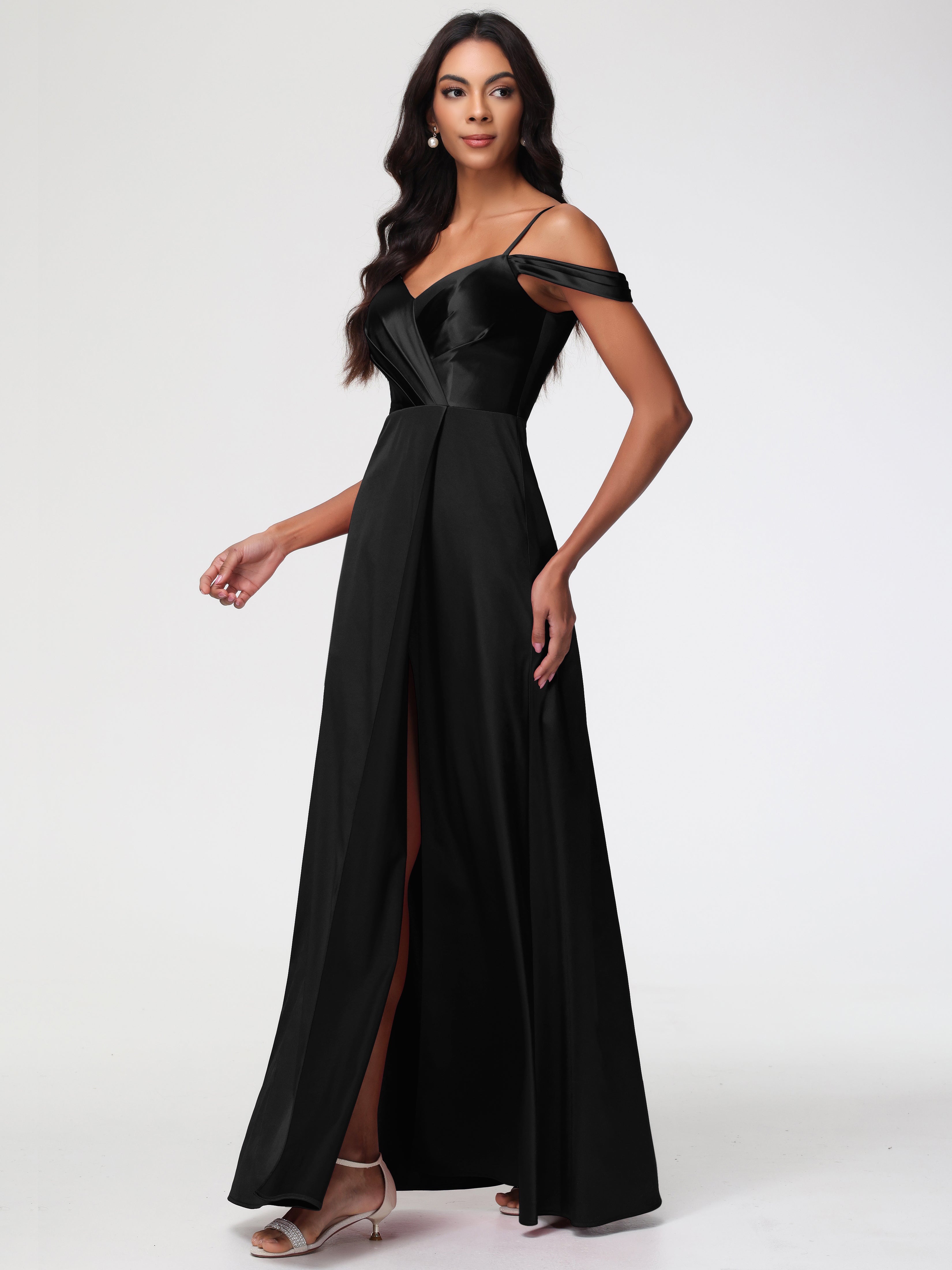 Demoiselle D Honneur Robe Noire Satin Extensible Robe Trapèze Demoiselle D'Honneur Épaule Dénudée