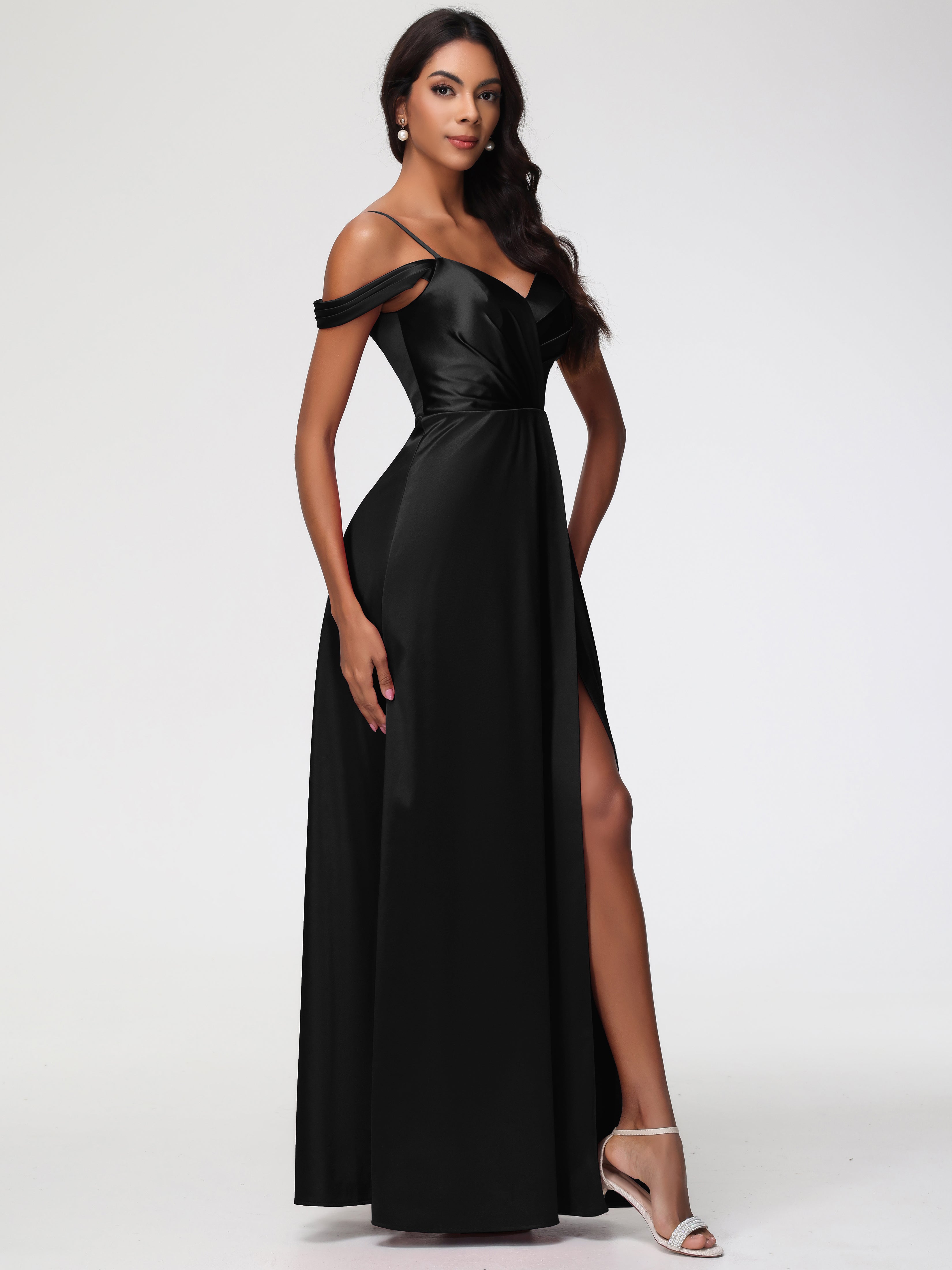 Demoiselle D Honneur Robe Noire Satin Extensible Robe Trapèze Demoiselle D'Honneur Épaule Dénudée