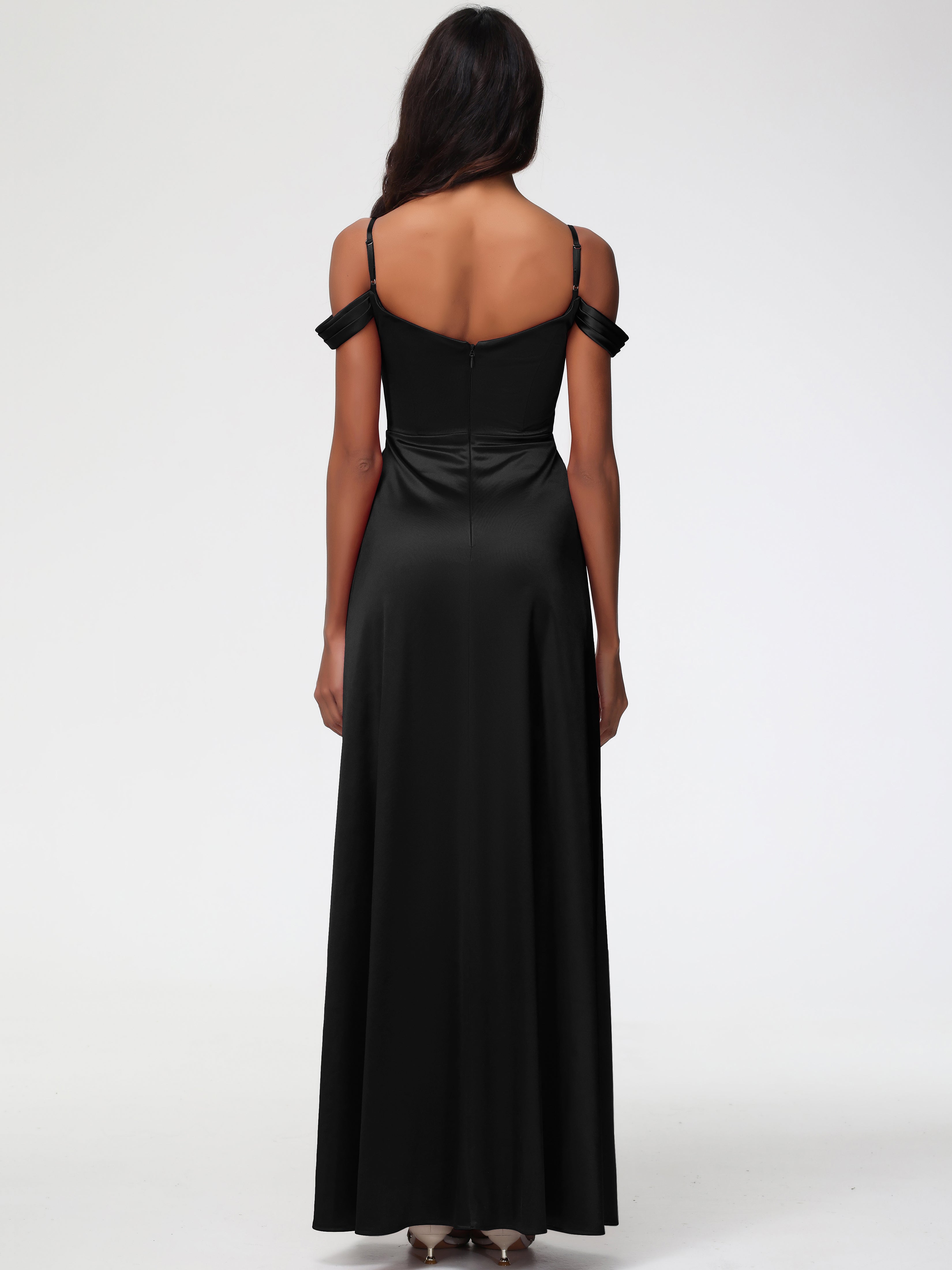 Demoiselle D Honneur Robe Noire Satin Extensible Robe Trapèze Demoiselle D'Honneur Épaule Dénudée