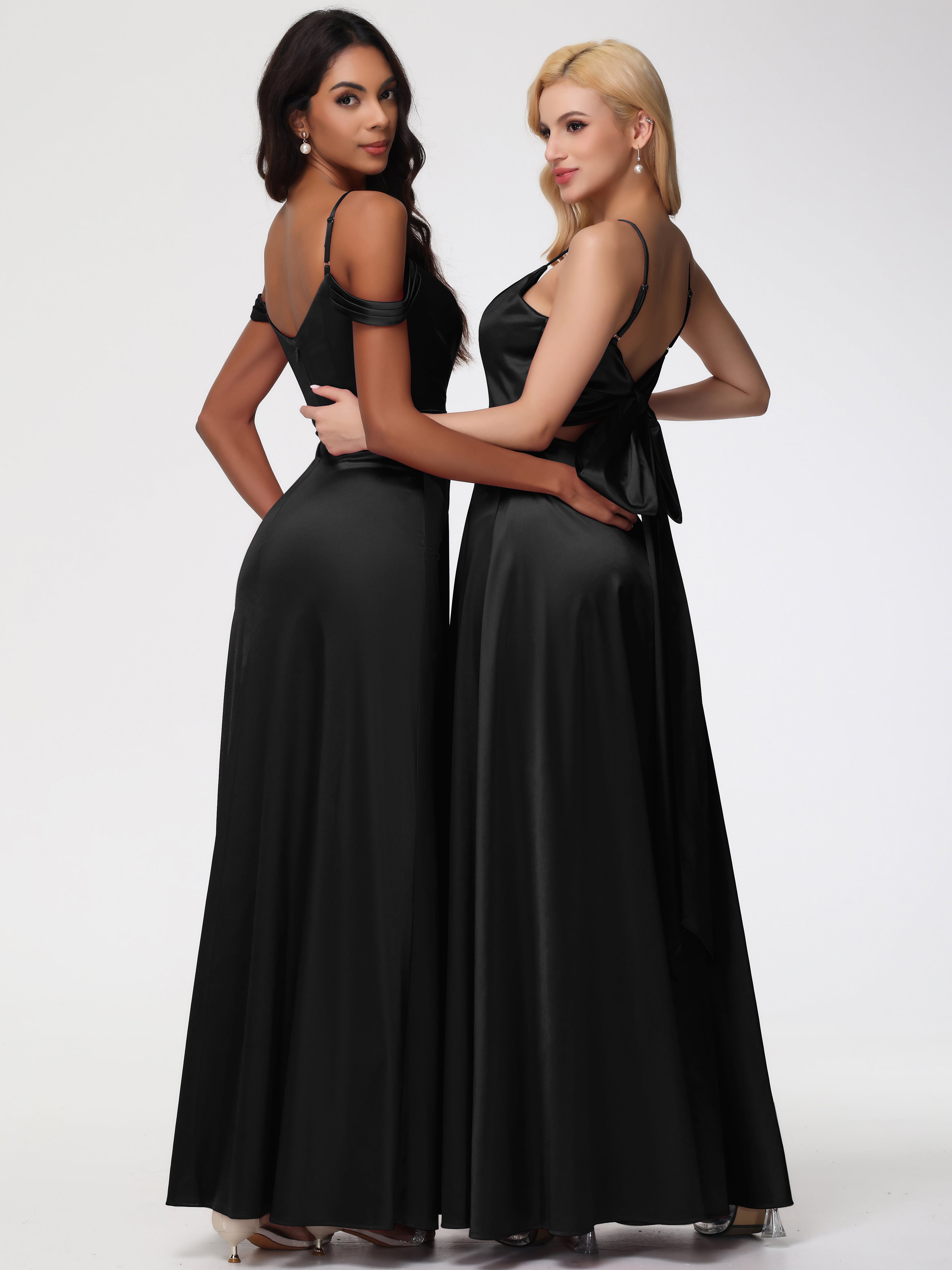 Demoiselle D Honneur Robe Noire Satin Extensible Robe Trapèze Demoiselle D'Honneur Épaule Dénudée