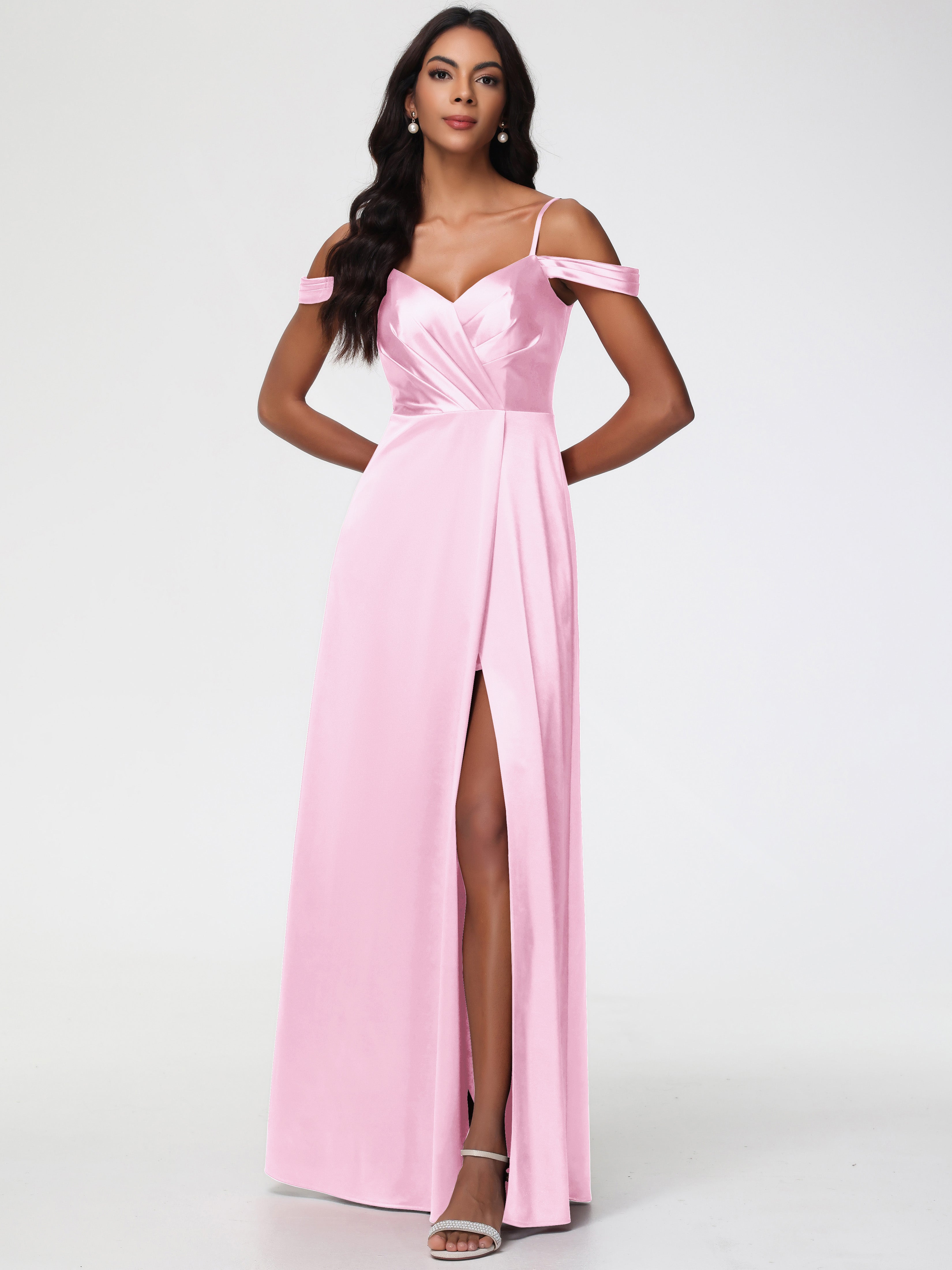 Robe Demoiselle Honneur Rose Pale Satin Extensible Robe Trapèze Demoiselle D'Honneur Épaule Dénudée