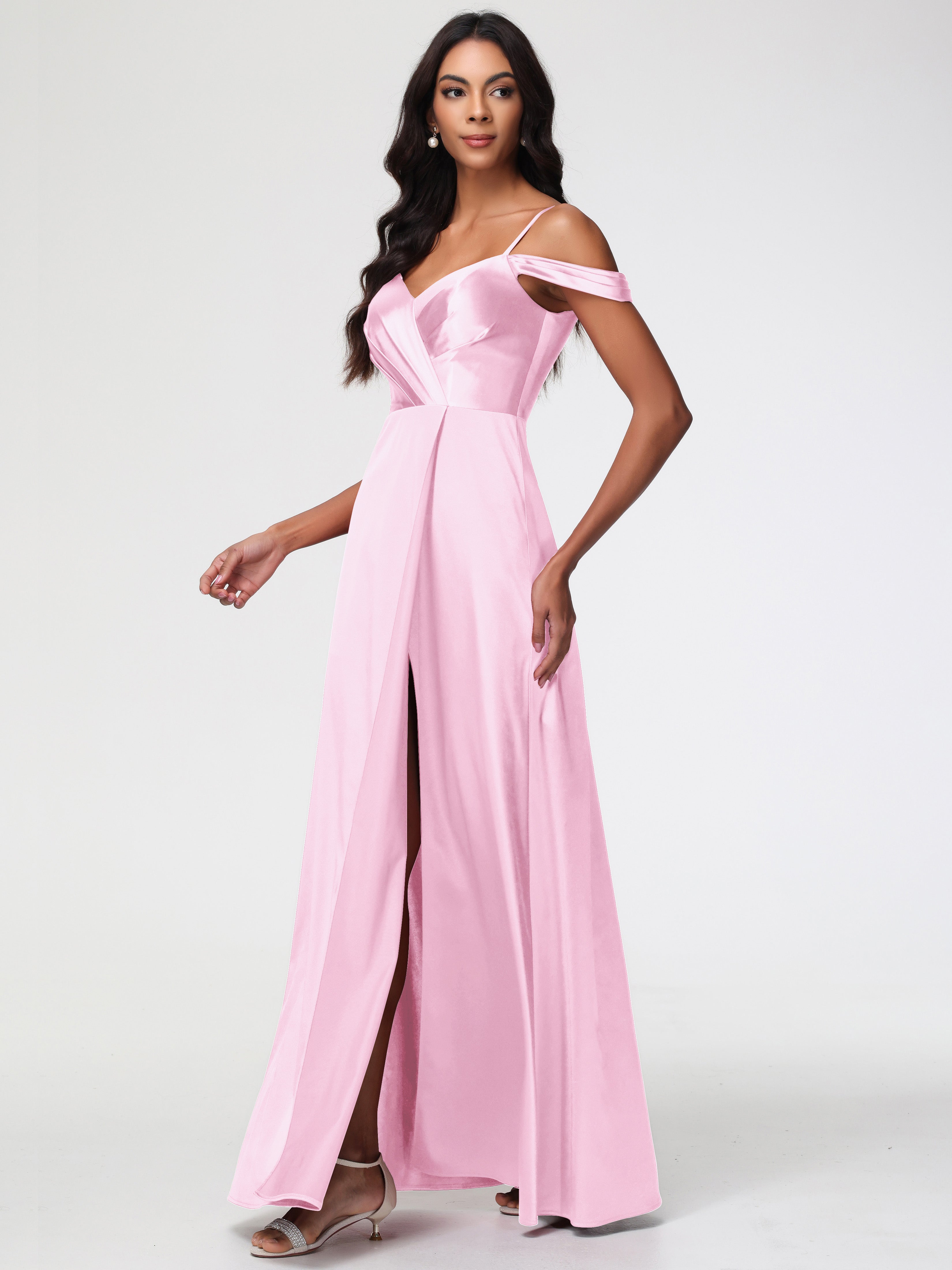Robe Demoiselle Honneur Rose Pale Satin Extensible Robe Trapèze Demoiselle D'Honneur Épaule Dénudée