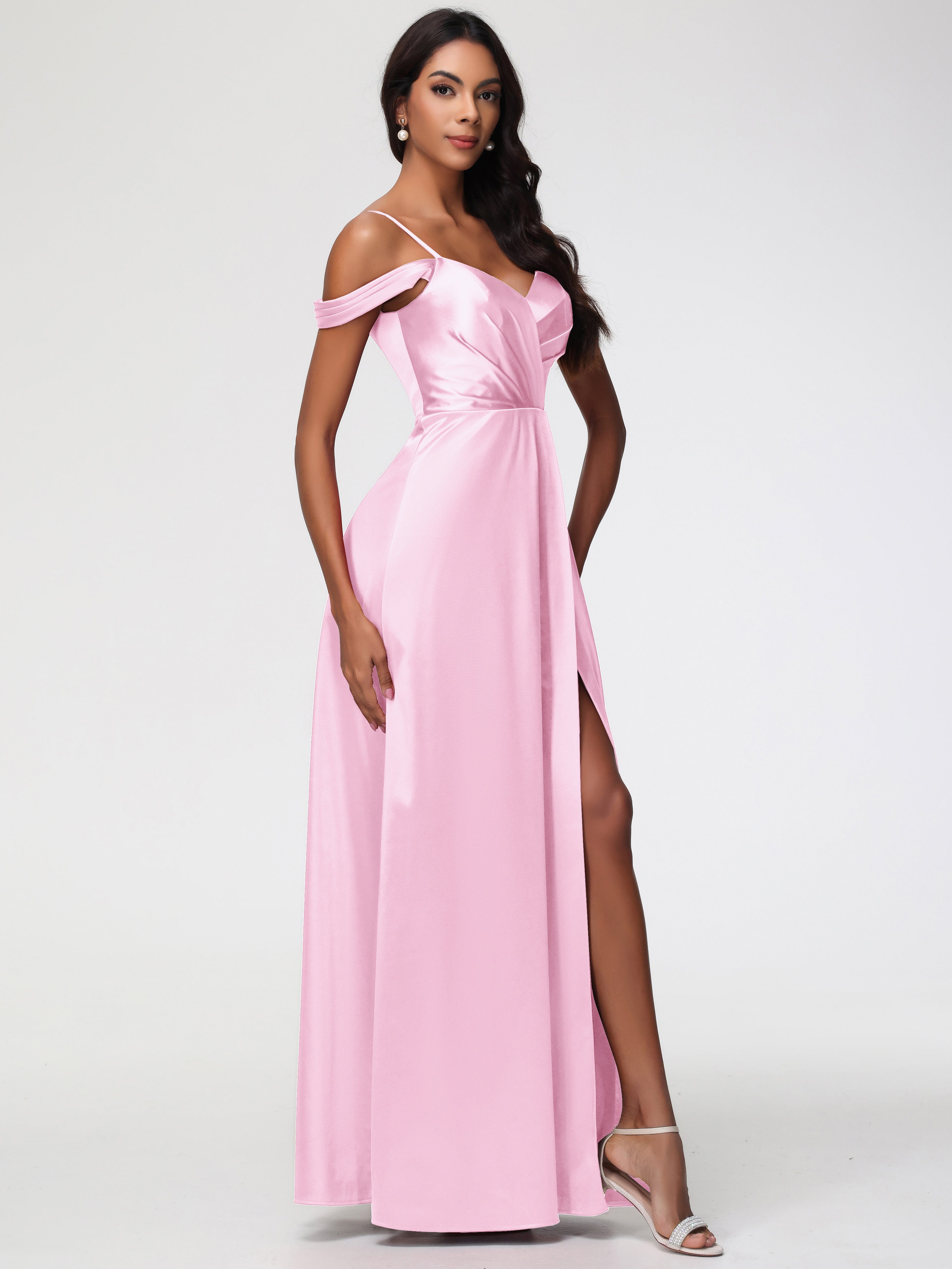 Robe Demoiselle Honneur Rose Pale Satin Extensible Robe Trapèze Demoiselle D'Honneur Épaule Dénudée