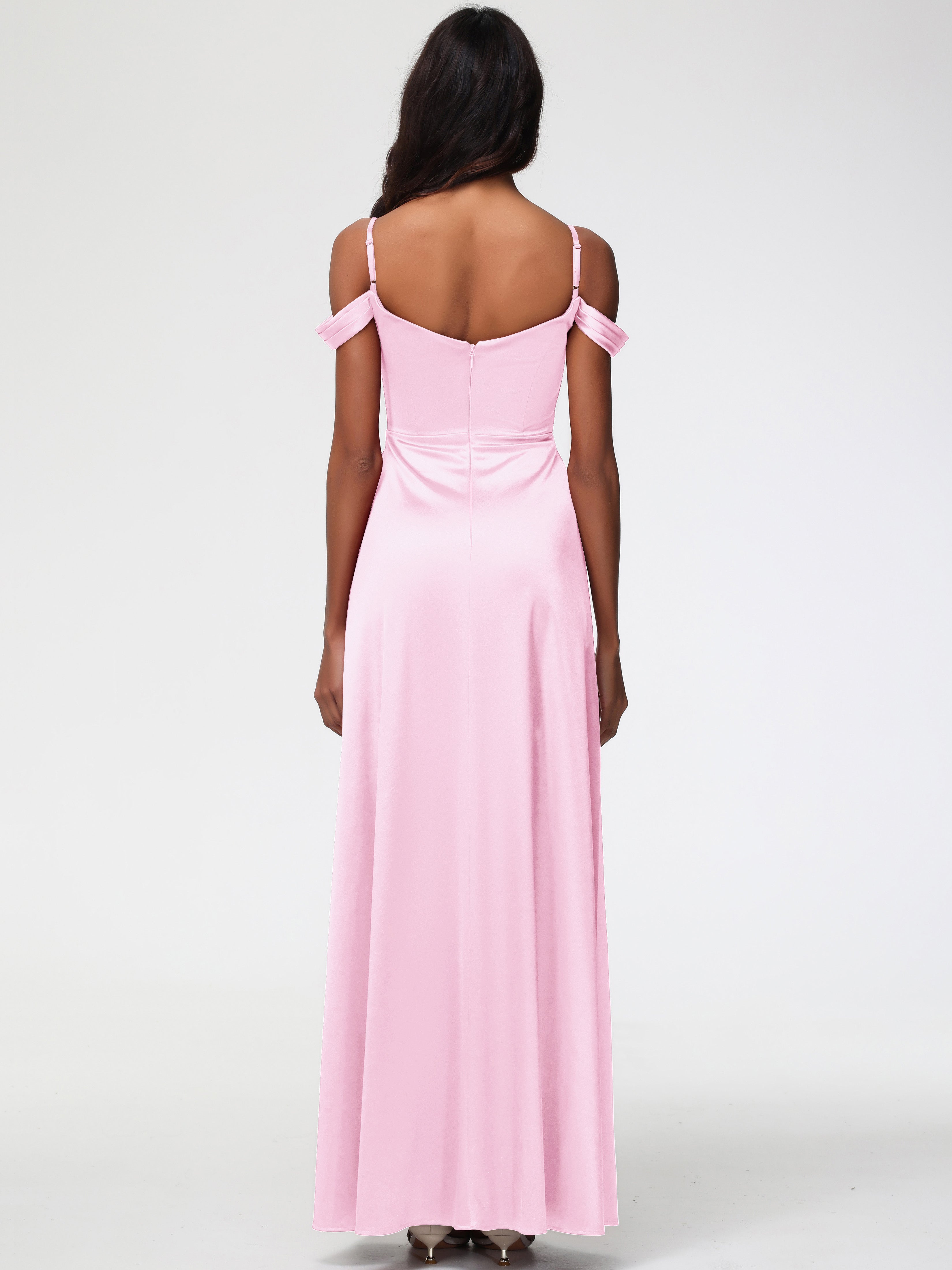 Robe Demoiselle Honneur Rose Pale Satin Extensible Robe Trapèze Demoiselle D'Honneur Épaule Dénudée