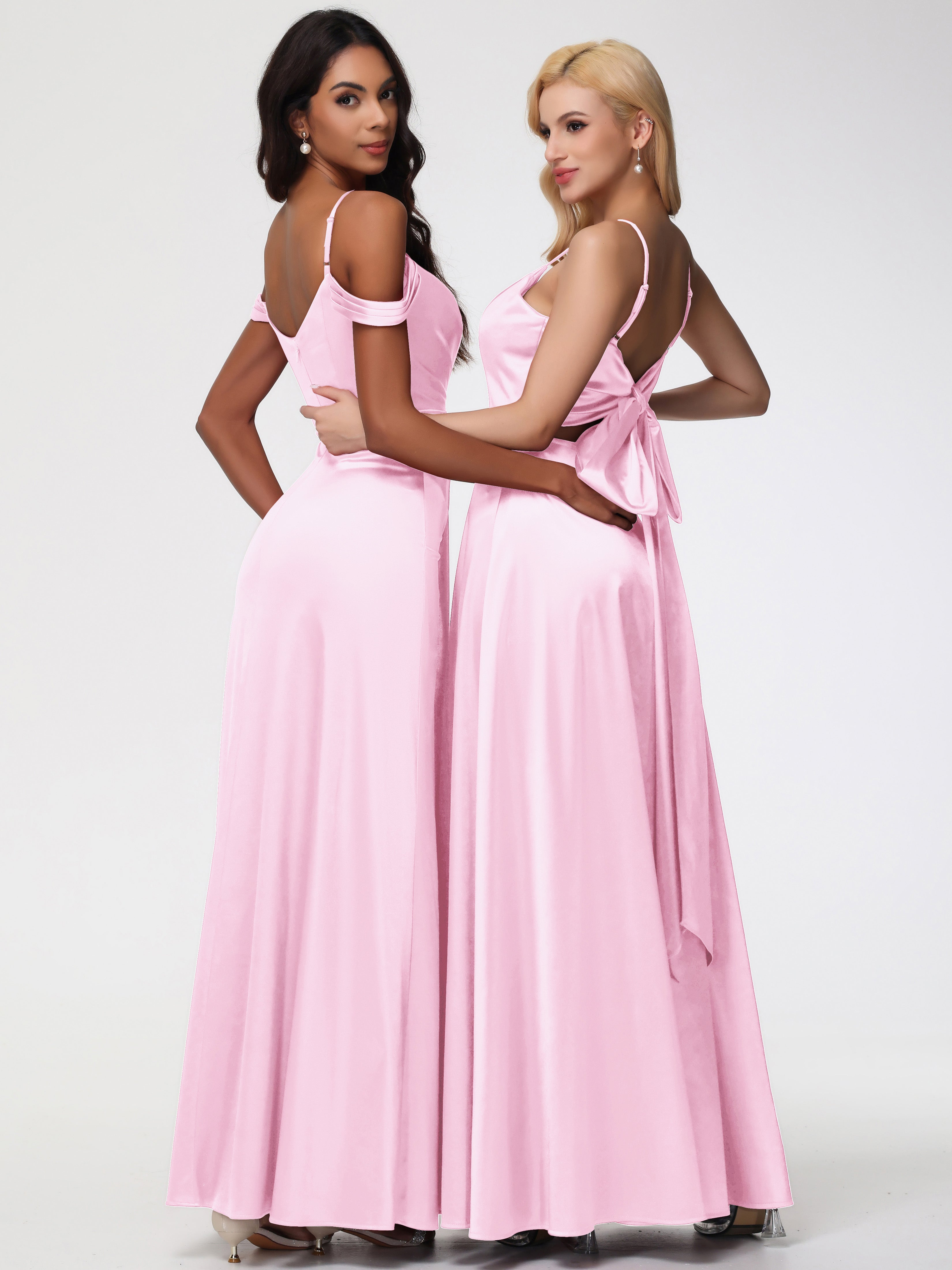 Robe Demoiselle Honneur Rose Pale Satin Extensible Robe Trapèze Demoiselle D'Honneur Épaule Dénudée