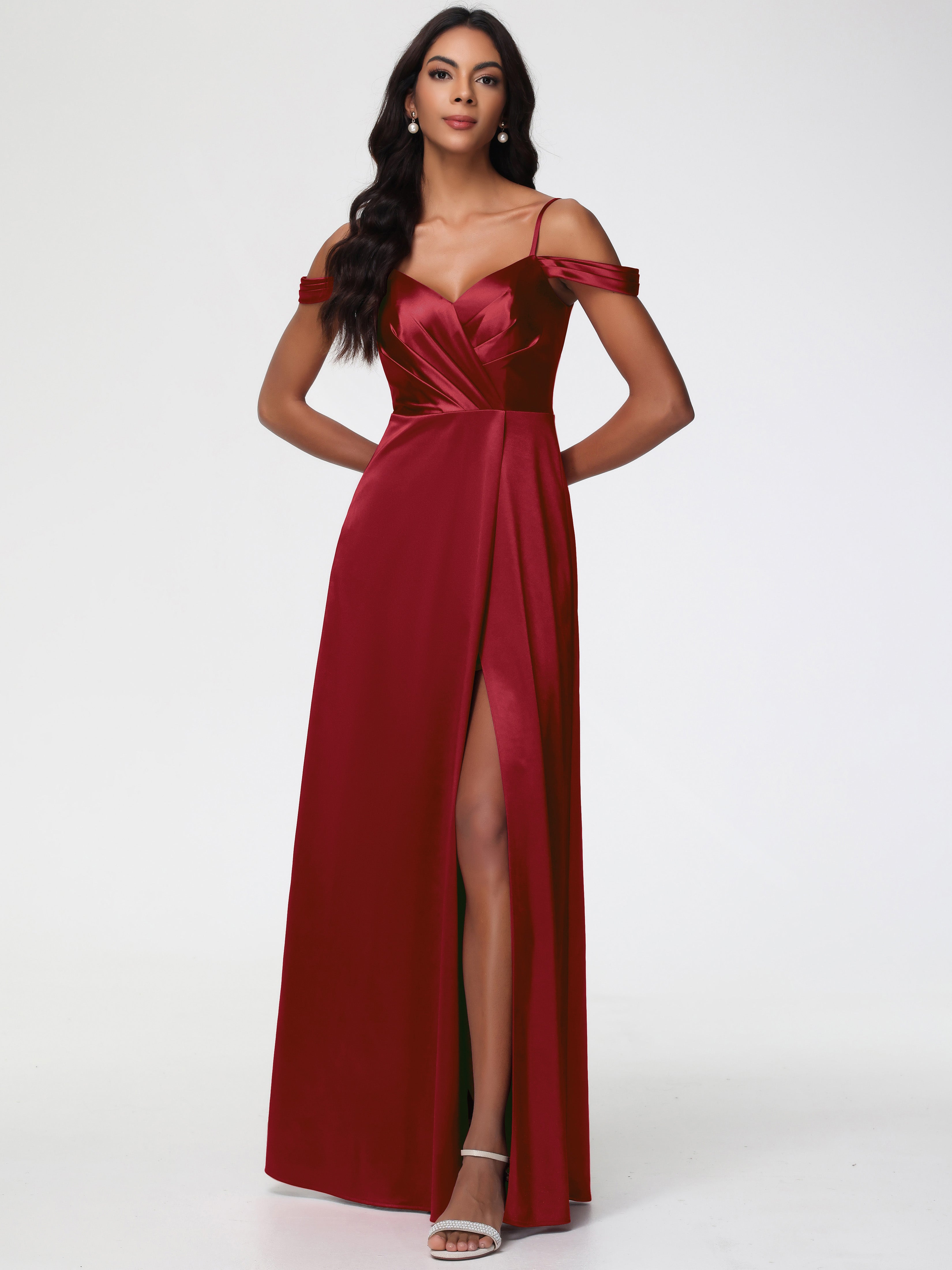 Robe Rouge Bordeaux Demoiselle D Honneur Satin Extensible Robe Trapèze Demoiselle D'Honneur Épaule Dénudée