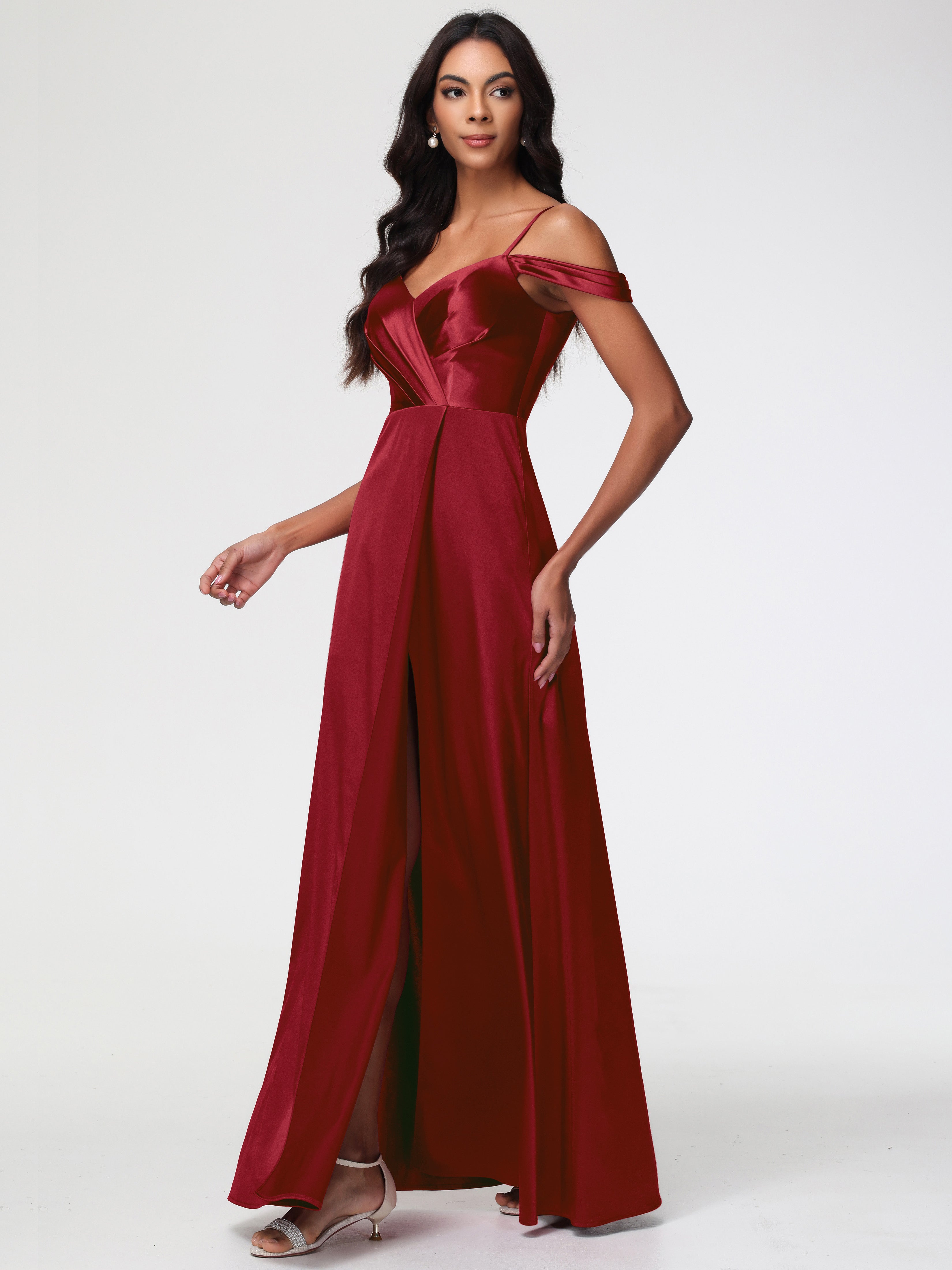 Robe Rouge Bordeaux Demoiselle D Honneur Satin Extensible Robe Trapèze Demoiselle D'Honneur Épaule Dénudée