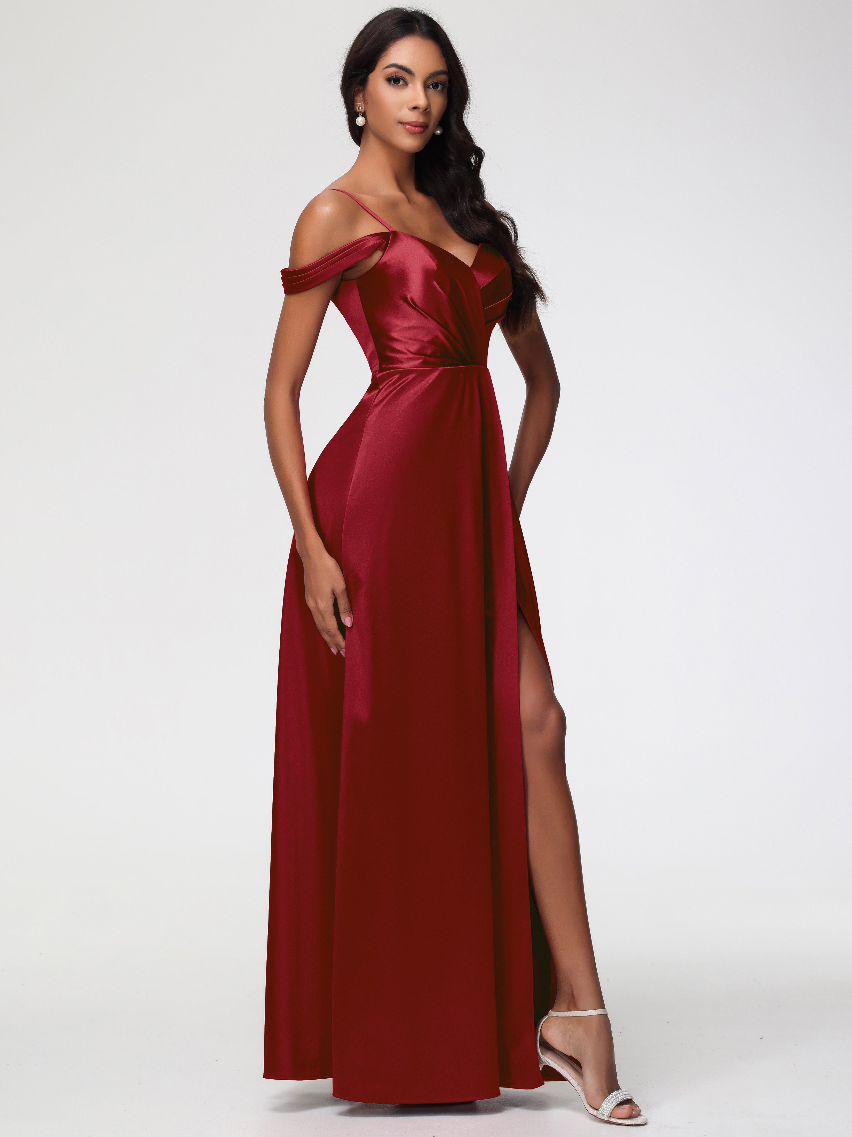 Robe Rouge Bordeaux Demoiselle D Honneur Satin Extensible Robe Trapèze Demoiselle D'Honneur Épaule Dénudée