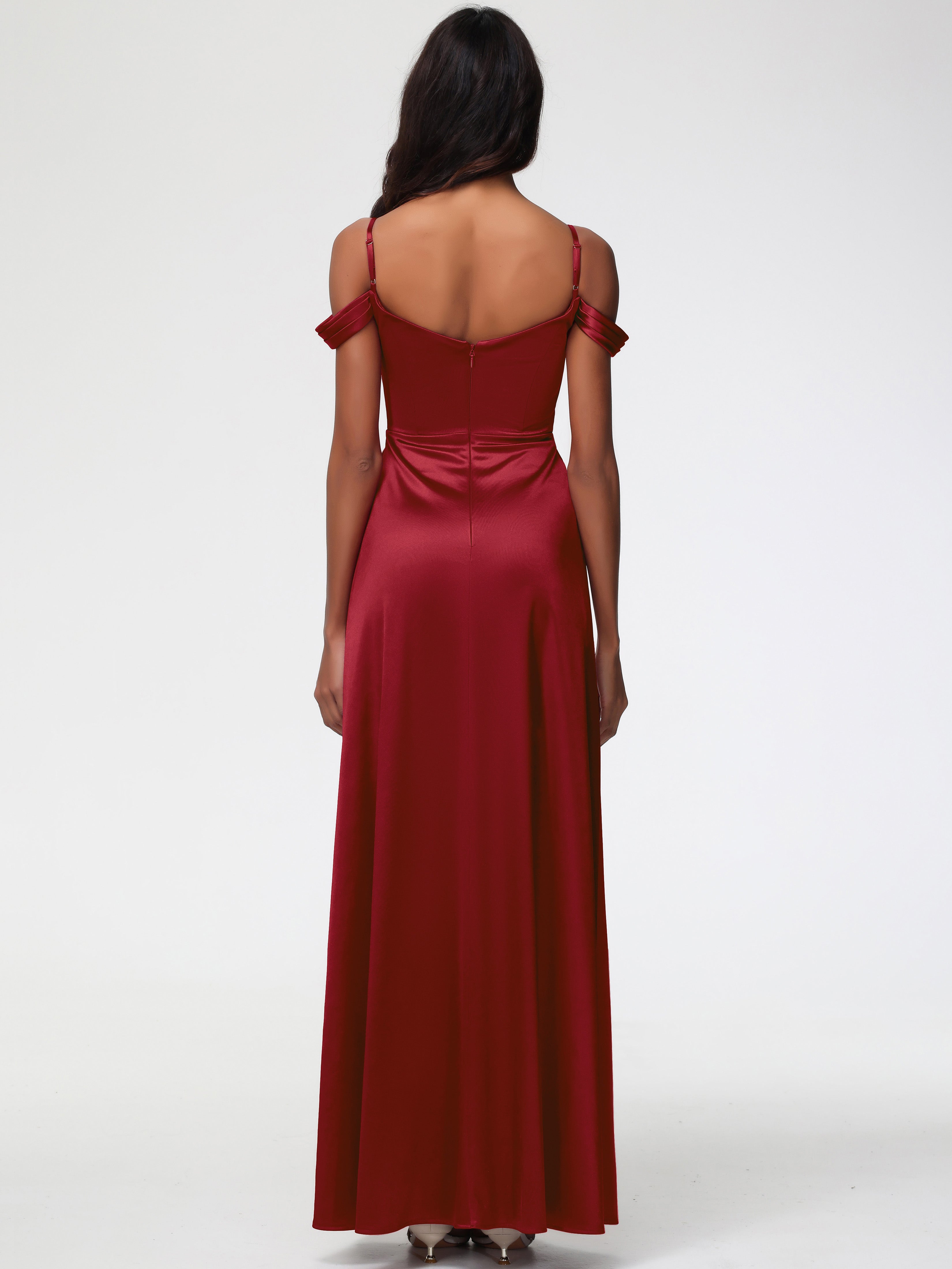 Robe Rouge Bordeaux Demoiselle D Honneur Satin Extensible Robe Trapèze Demoiselle D'Honneur Épaule Dénudée