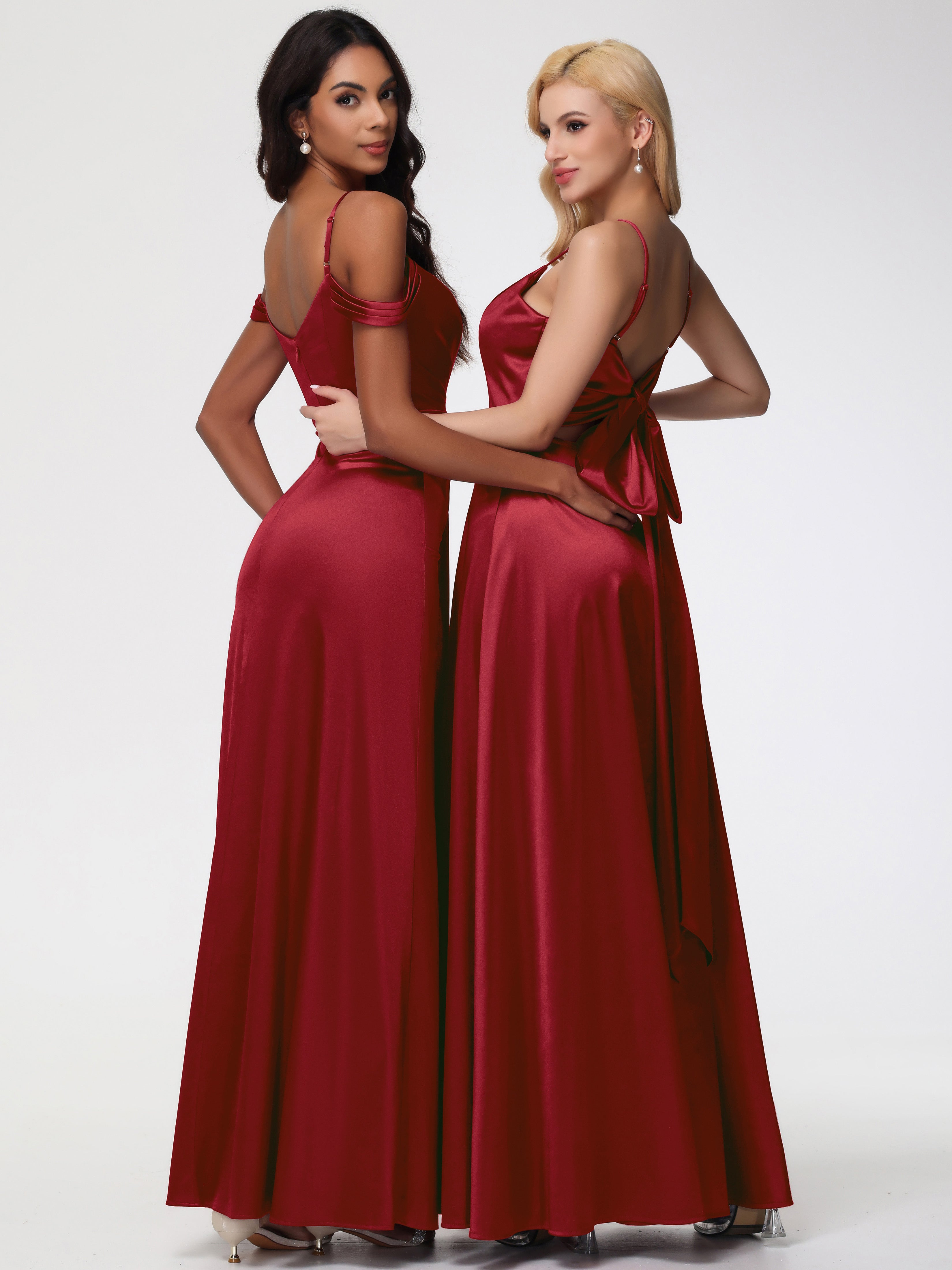 Robe Rouge Bordeaux Demoiselle D Honneur Satin Extensible Robe Trapèze Demoiselle D'Honneur Épaule Dénudée