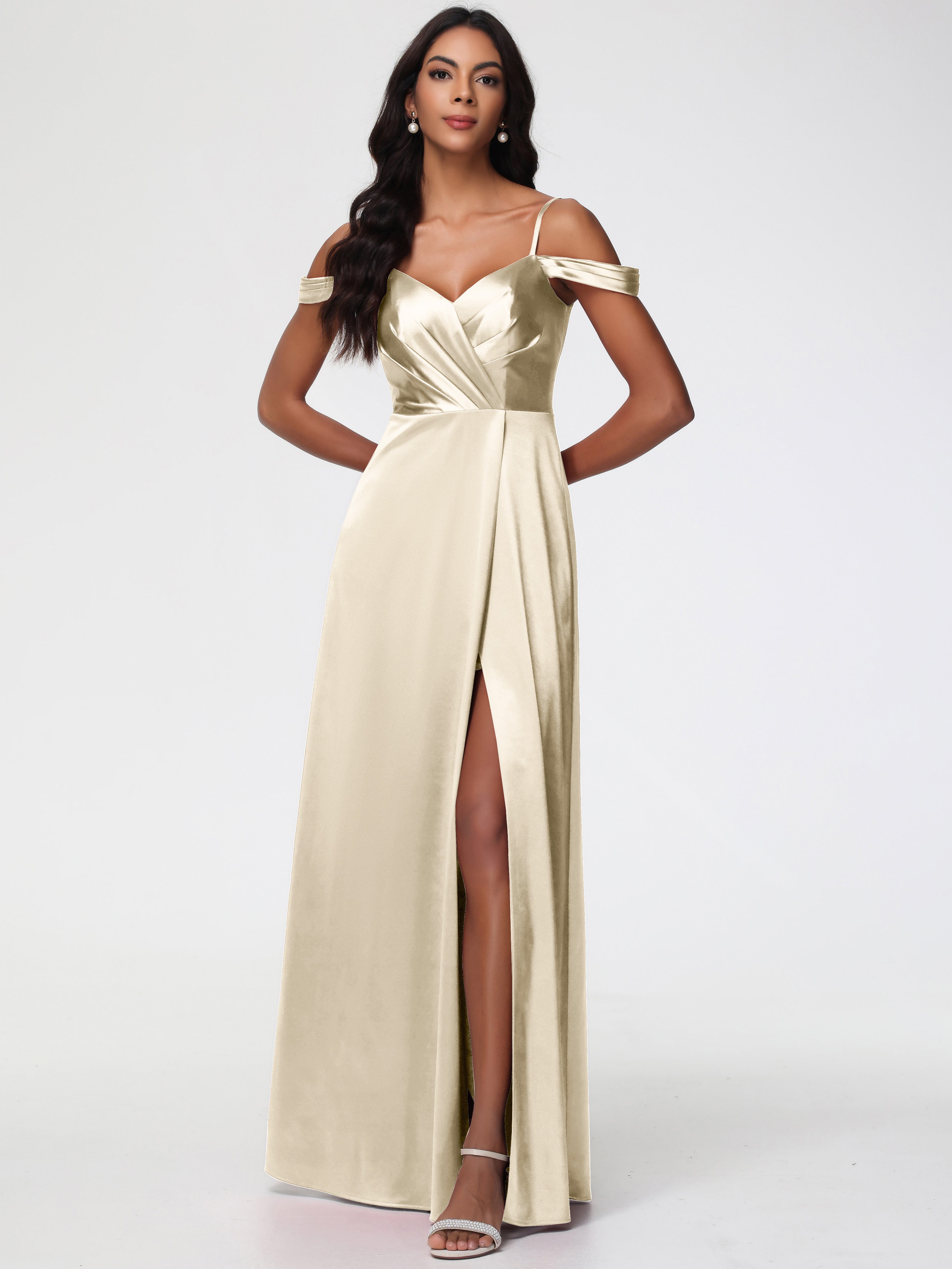 Demoiselle Dhonneur Robe Champagne Satin Extensible Robe Trapèze Demoiselle D'Honneur Épaule Dénudée